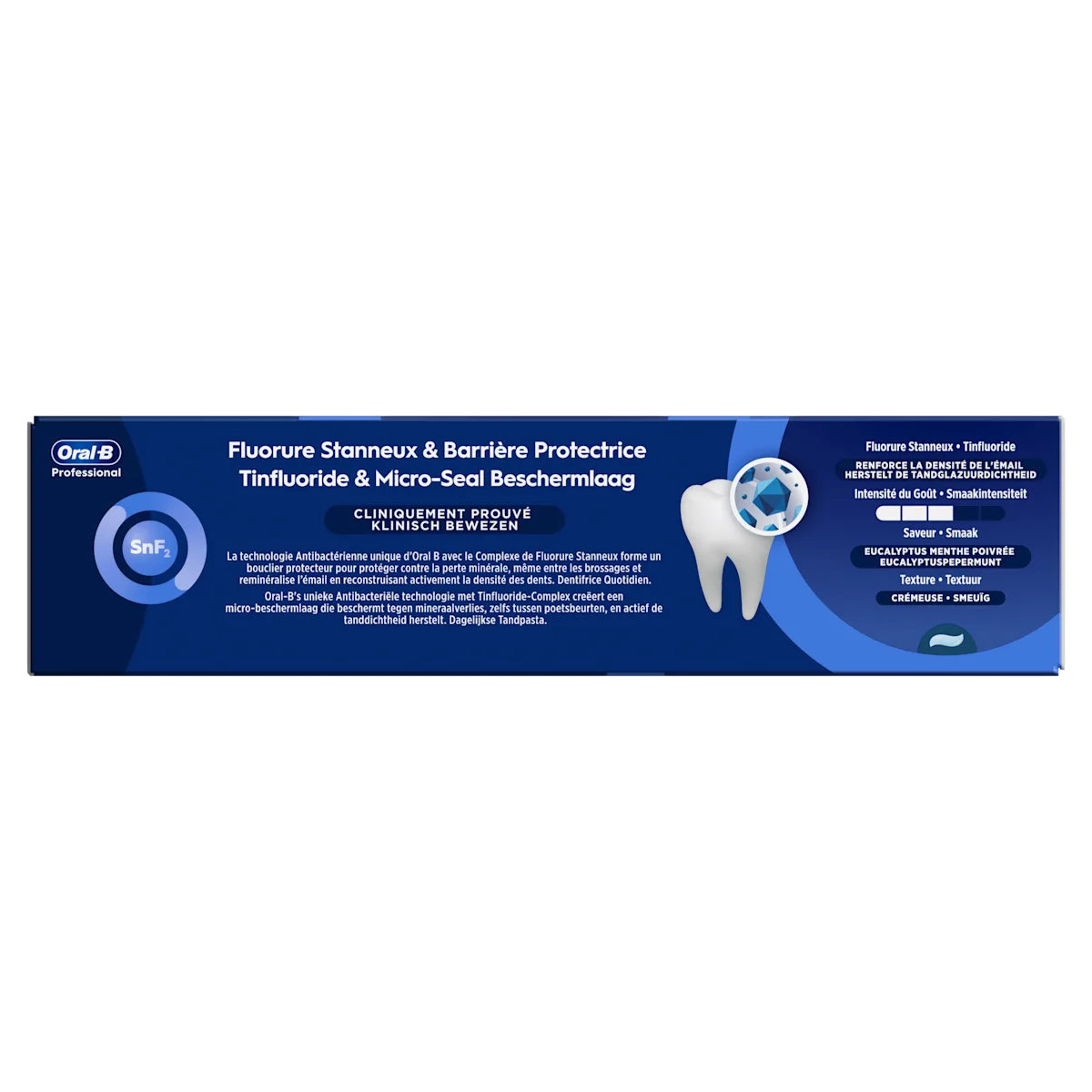 Dentifrice Oral-B Professional, fluorure stanneux et barrière protectrice, cliniquement prouvé pour renforcer la densité de l'émail.;