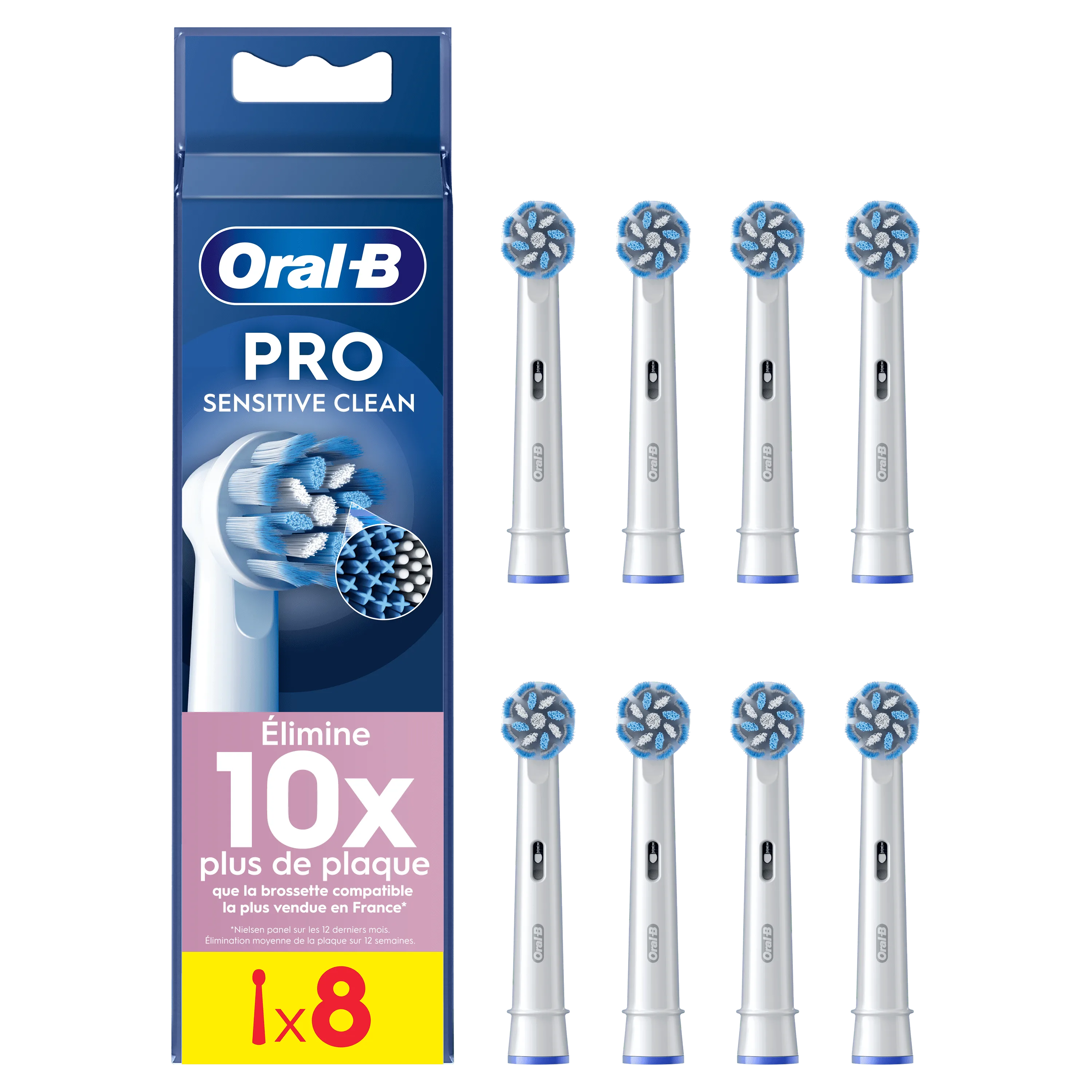 Oral-B Pro Sensitive Clean, pack de 8 brossettes, élimine 10x plus de plaque que la brossette compatible la plus vendue en France.