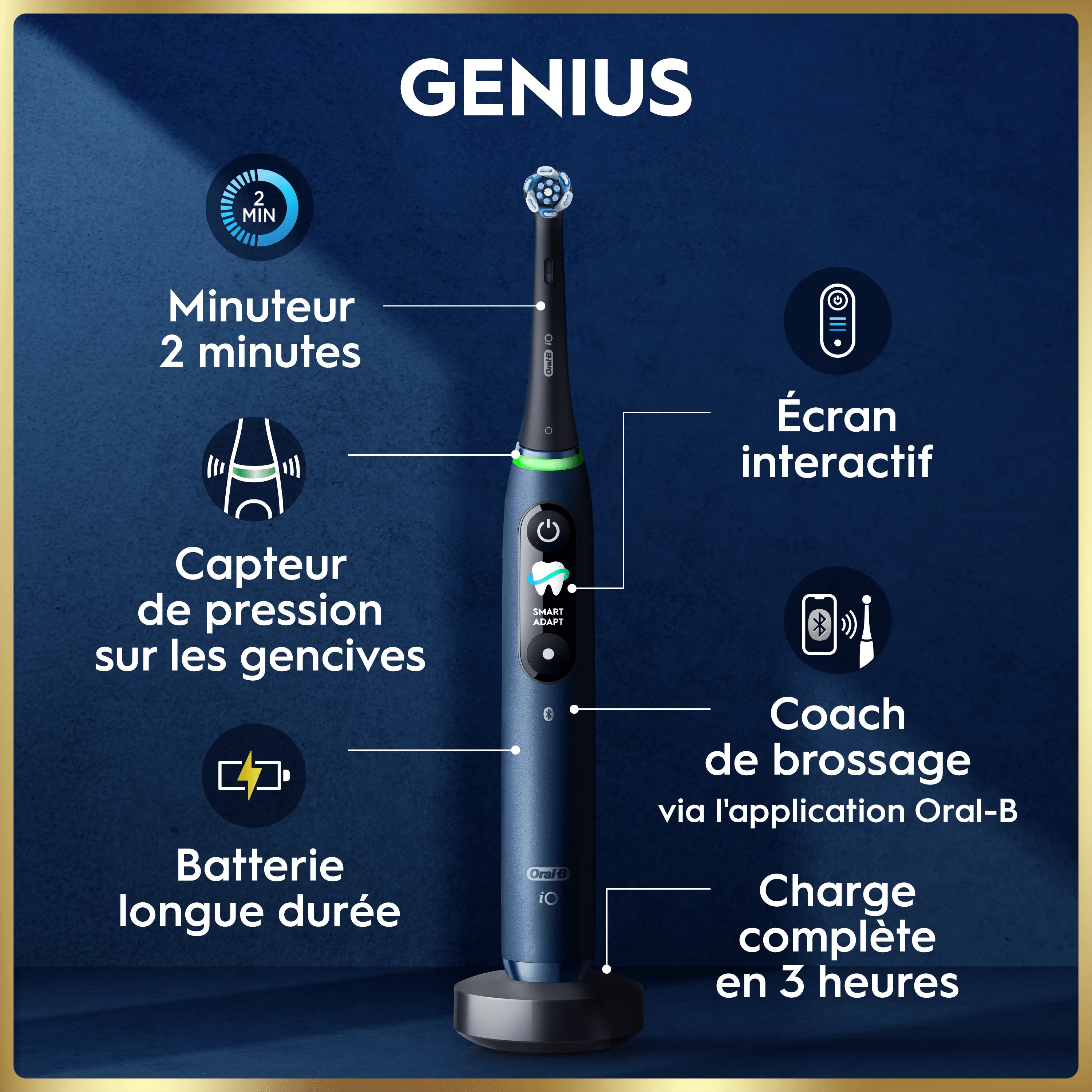 Oral-B iO Genius montrant ses fonctionnalités: minuterie, capteur de pression et écran interactif.
