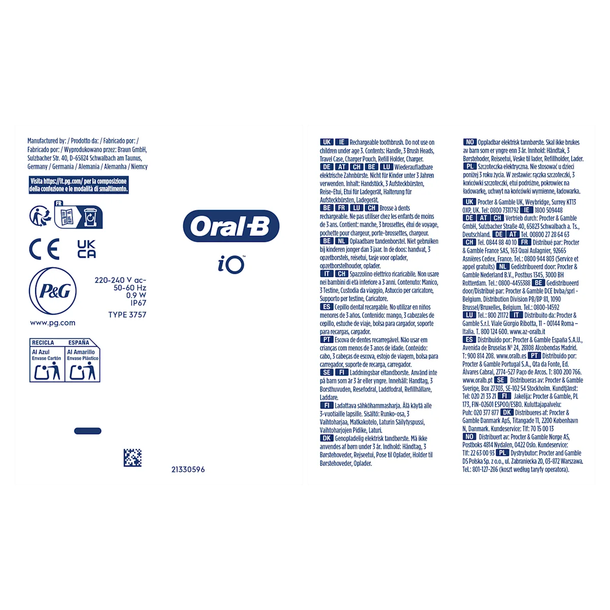 Emballage de la brosse à dents rechargeable Oral-B iO, listant le manche, 3 brossettes et l étui de voyage inclus.