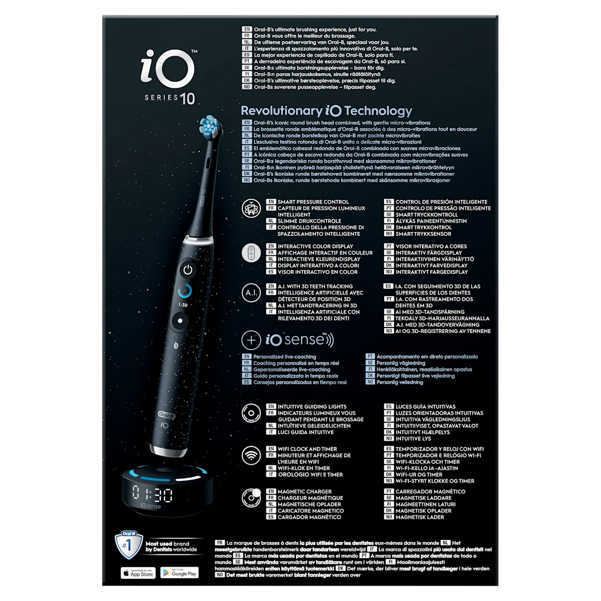 Oral-B iO Series 10, montrant le manche noir, la base de chargement magnétique et l écran interactif en couleur.