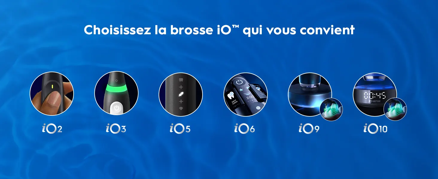 Gamme de brosses à dents électriques iO avec 6 modèles différents sur fond bleu. 