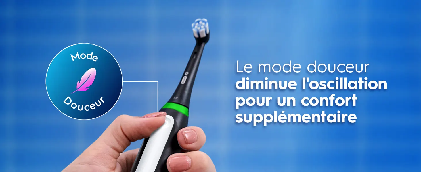 Brosse à dents électrique avec mode douceur qui réduit l'oscillation pour plus de confort 