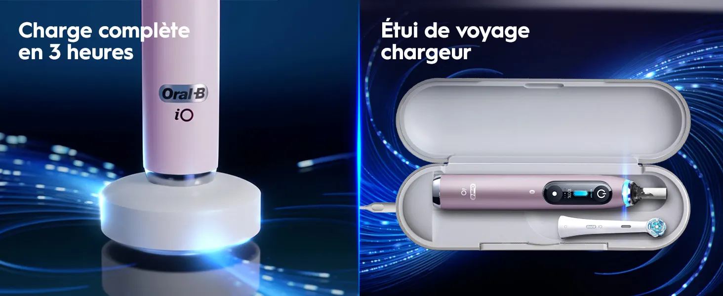 Brosse à dents Oral-B iO avec charge rapide de 3 heures et étui de voyage chargeur. 