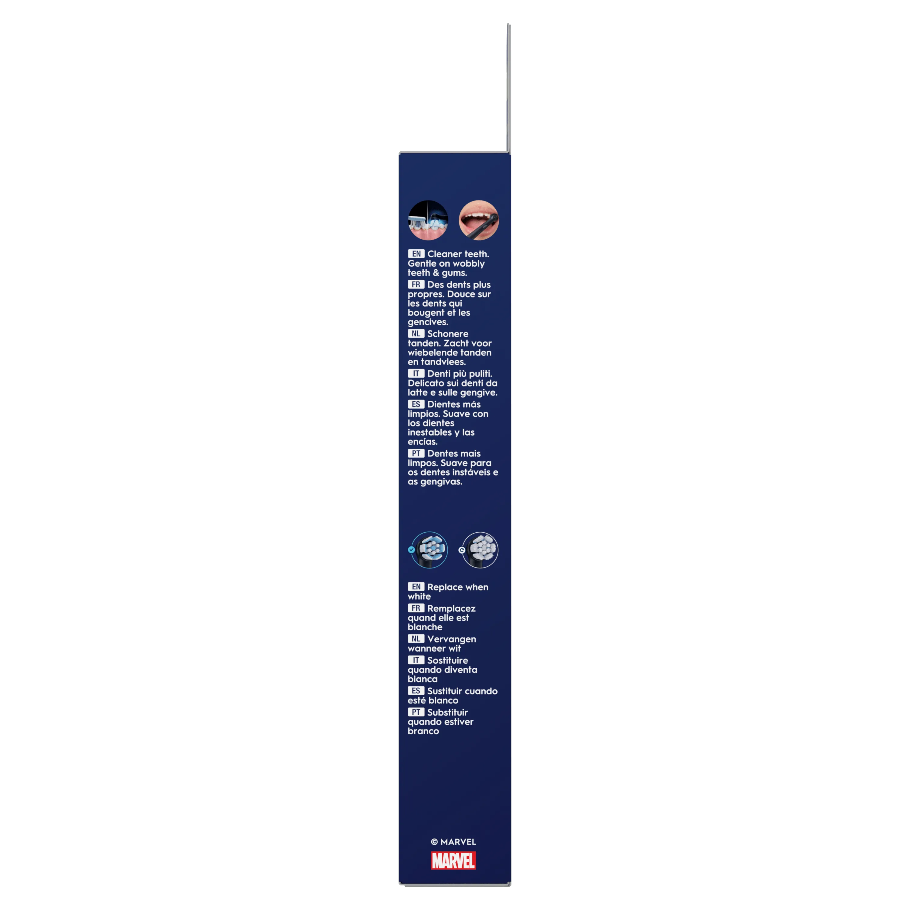 Emballage de brosses à dents Oral-B, indiquant « Des dents plus propres. Douce sur les dents qui bougent et les gencives » et « Remplacez quand elle est blanche ».