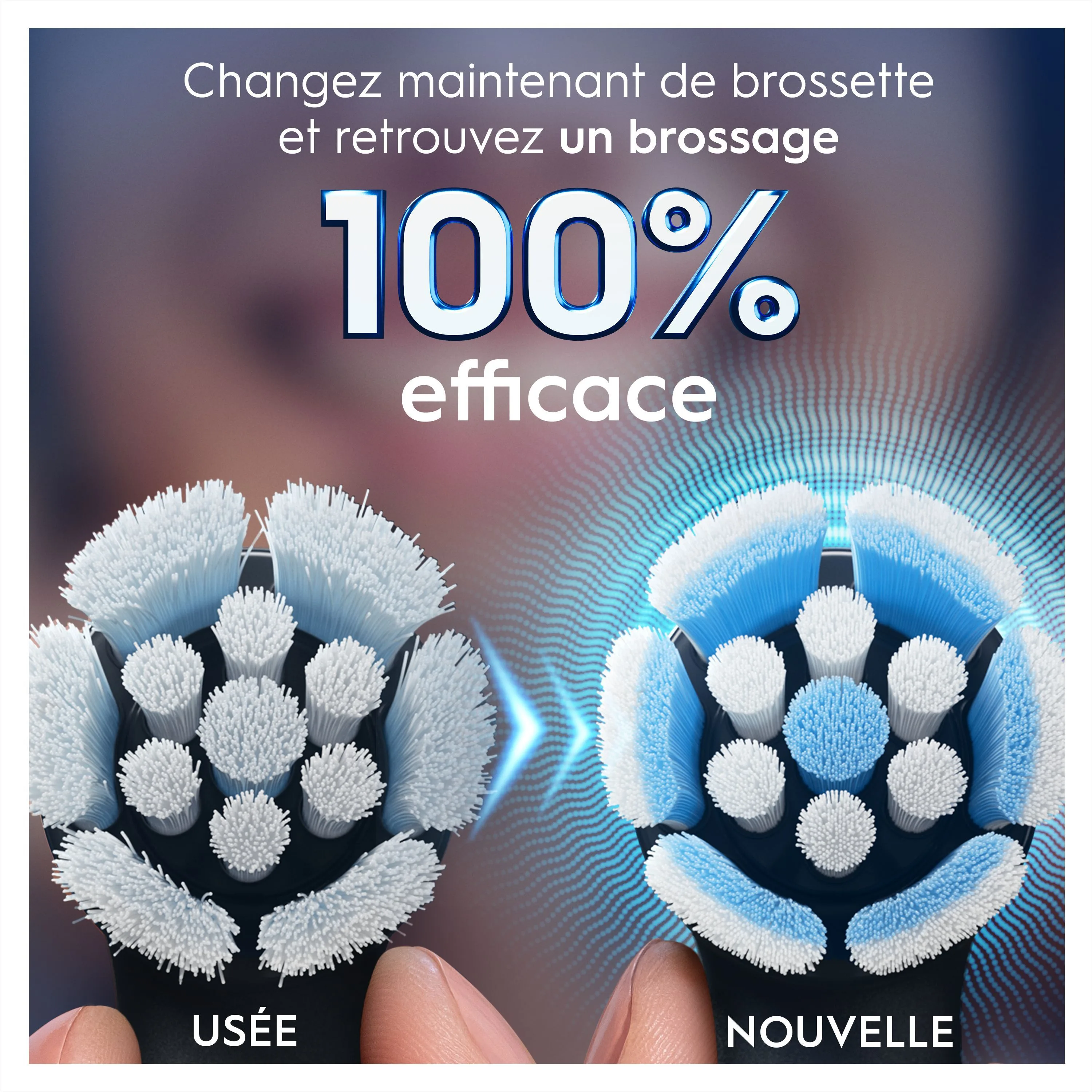Brosse à dents Oral-B : Comparaison visuelle d'une brossette usée et d'une brossette neuve pour un brossage 100% efficace.