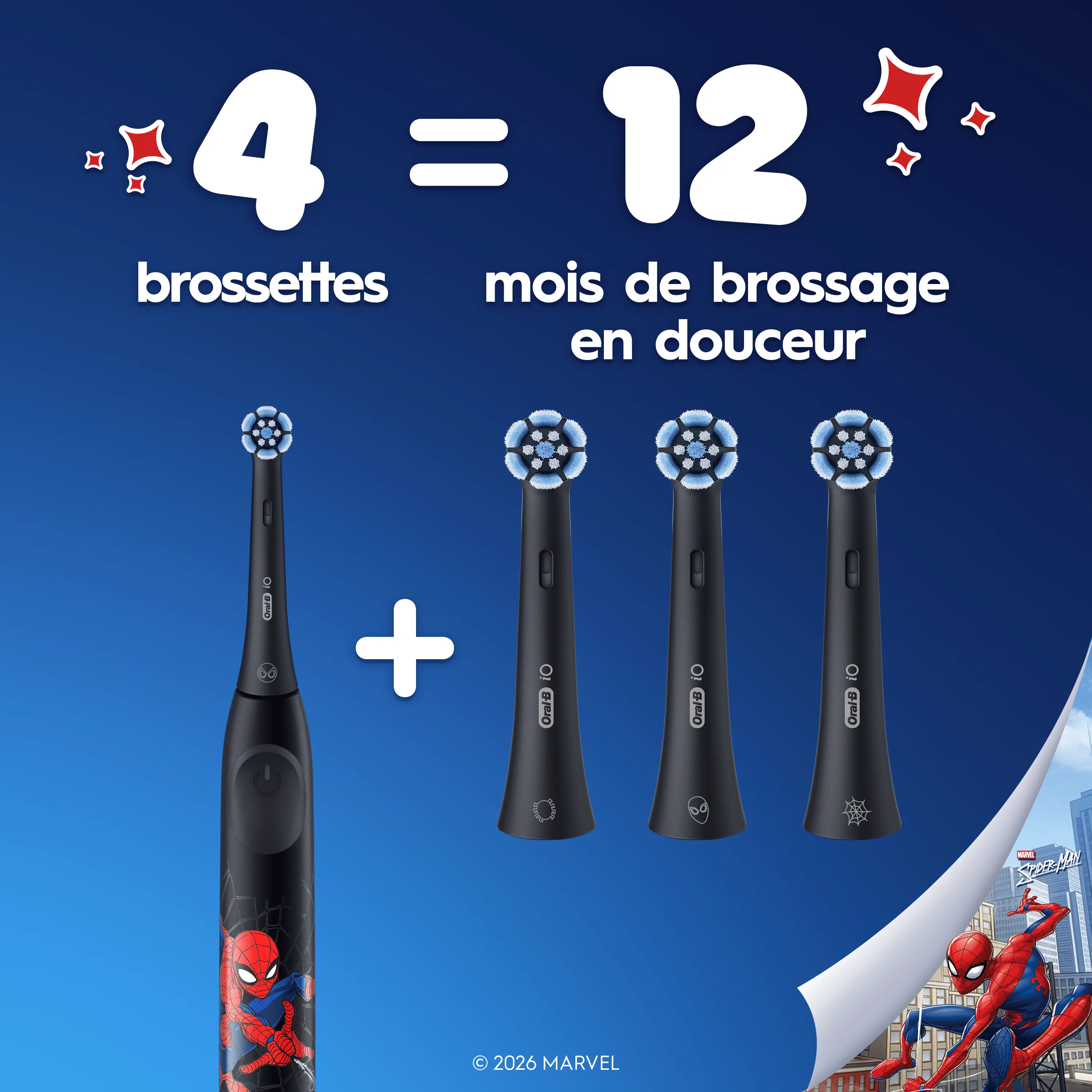 Manche avec brossette + 3 brosses à dents sur le côté et Spiderman dans le coin de l’image