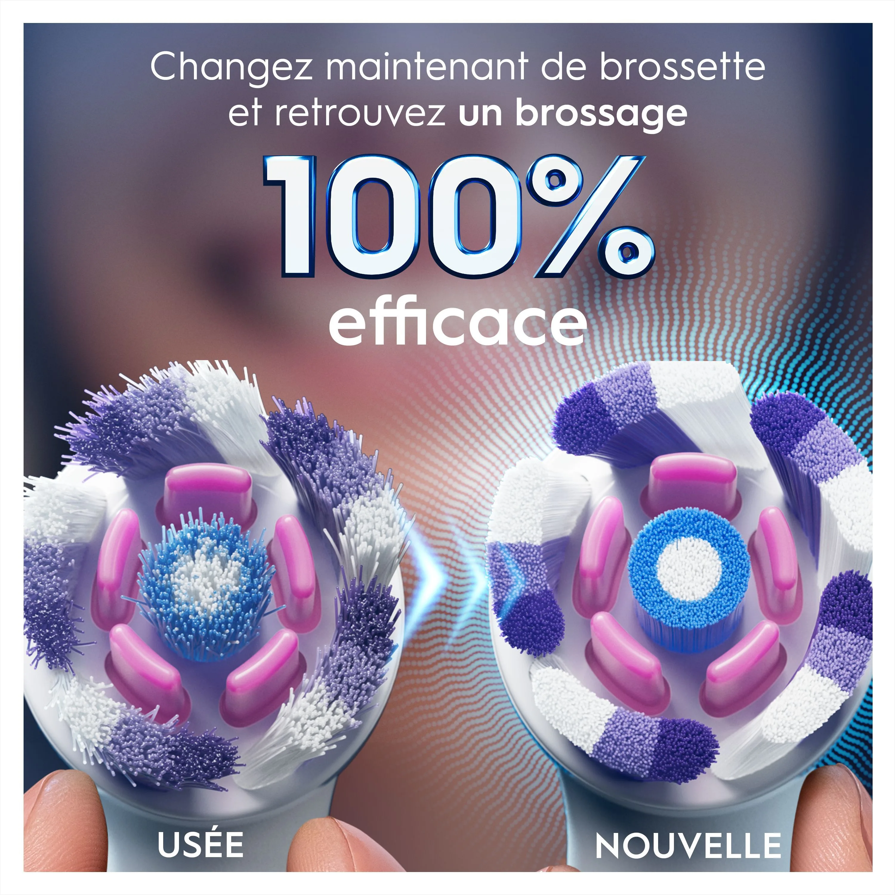 Une brossette Oral-B usagée comparée à une brossette neuve, soulignant un brossage 100% efficace.