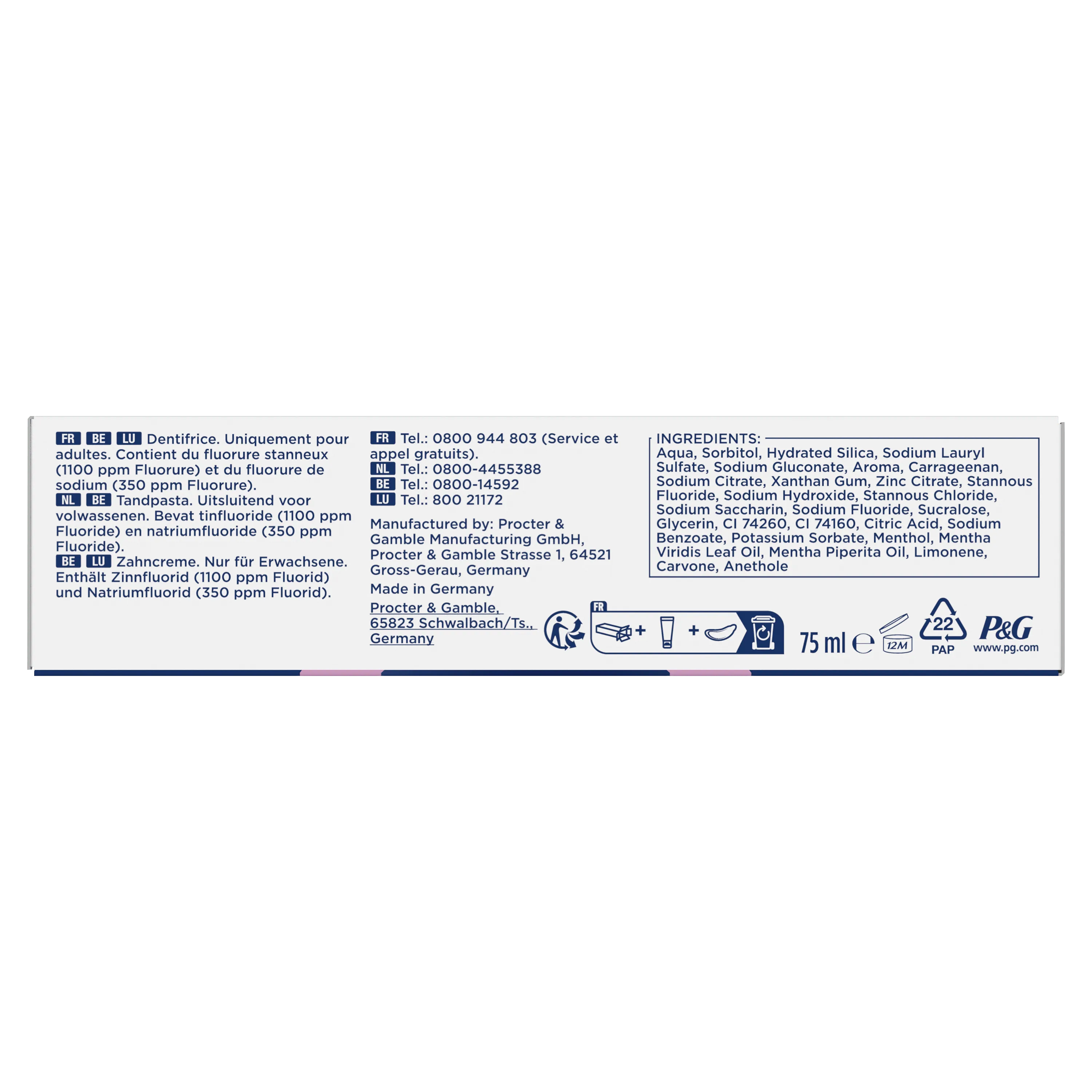 Oral-B dentifrice pour adultes, emballage indiquant la teneur en fluorure stanneux (1100 ppm) et en fluorure de sodium (350 ppm).