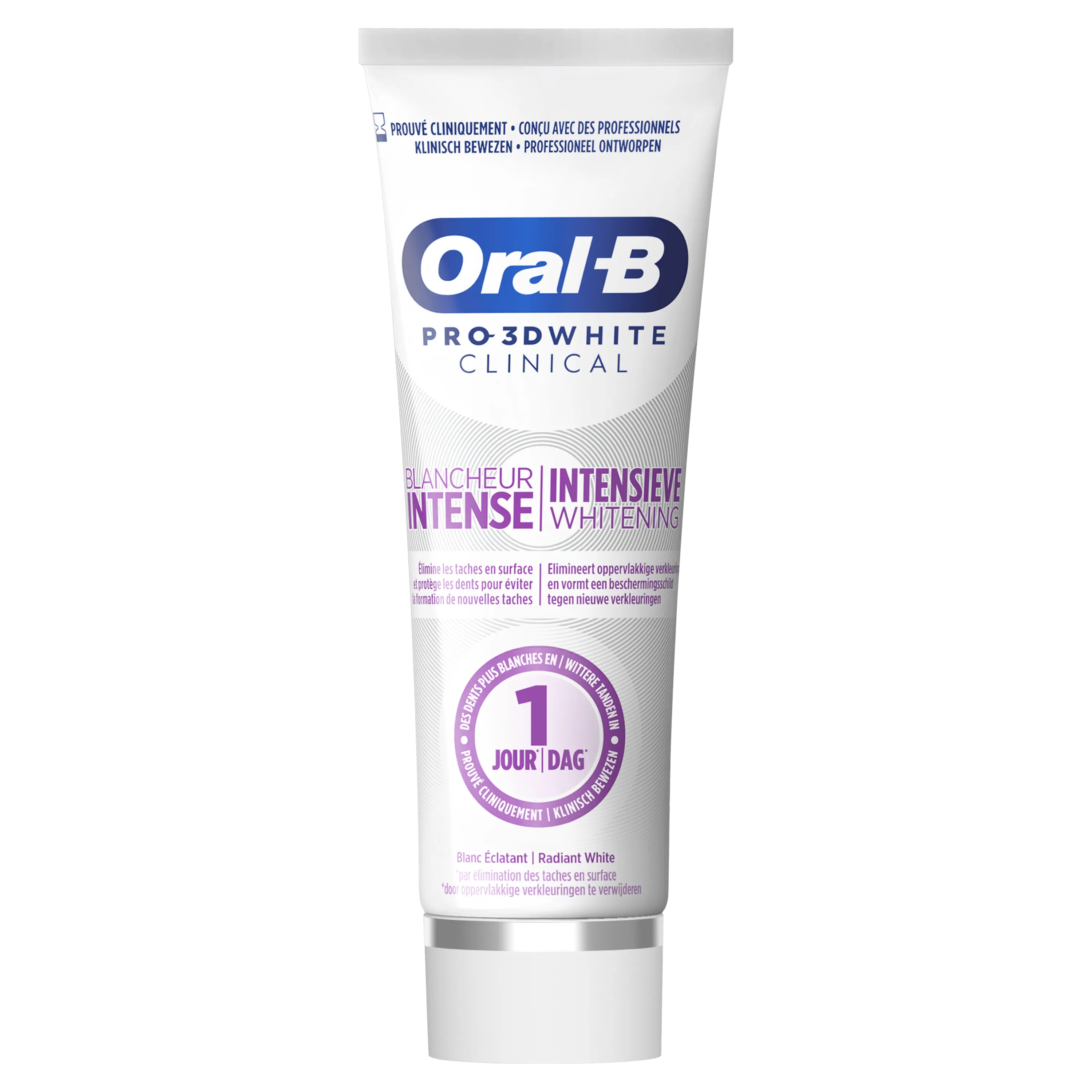 Oral-B Pro-3D White Clinical, promettant une blancheur intense et visible en 1 jour.