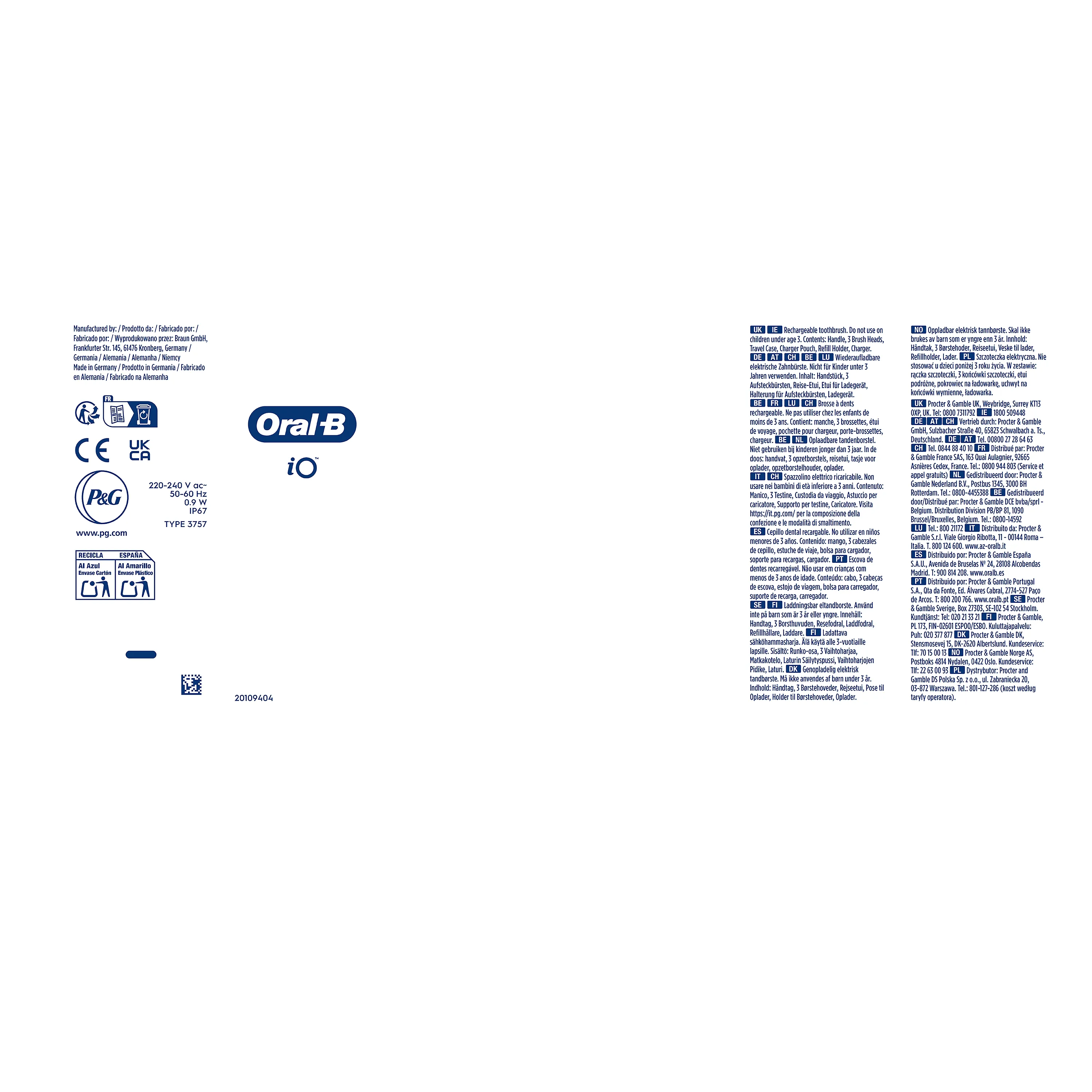 Oral-B iO, emballage indiquant le contenu : manche, 3 brossettes, étui de voyage, pochette pour chargeur, porte-brossettes, chargeur.