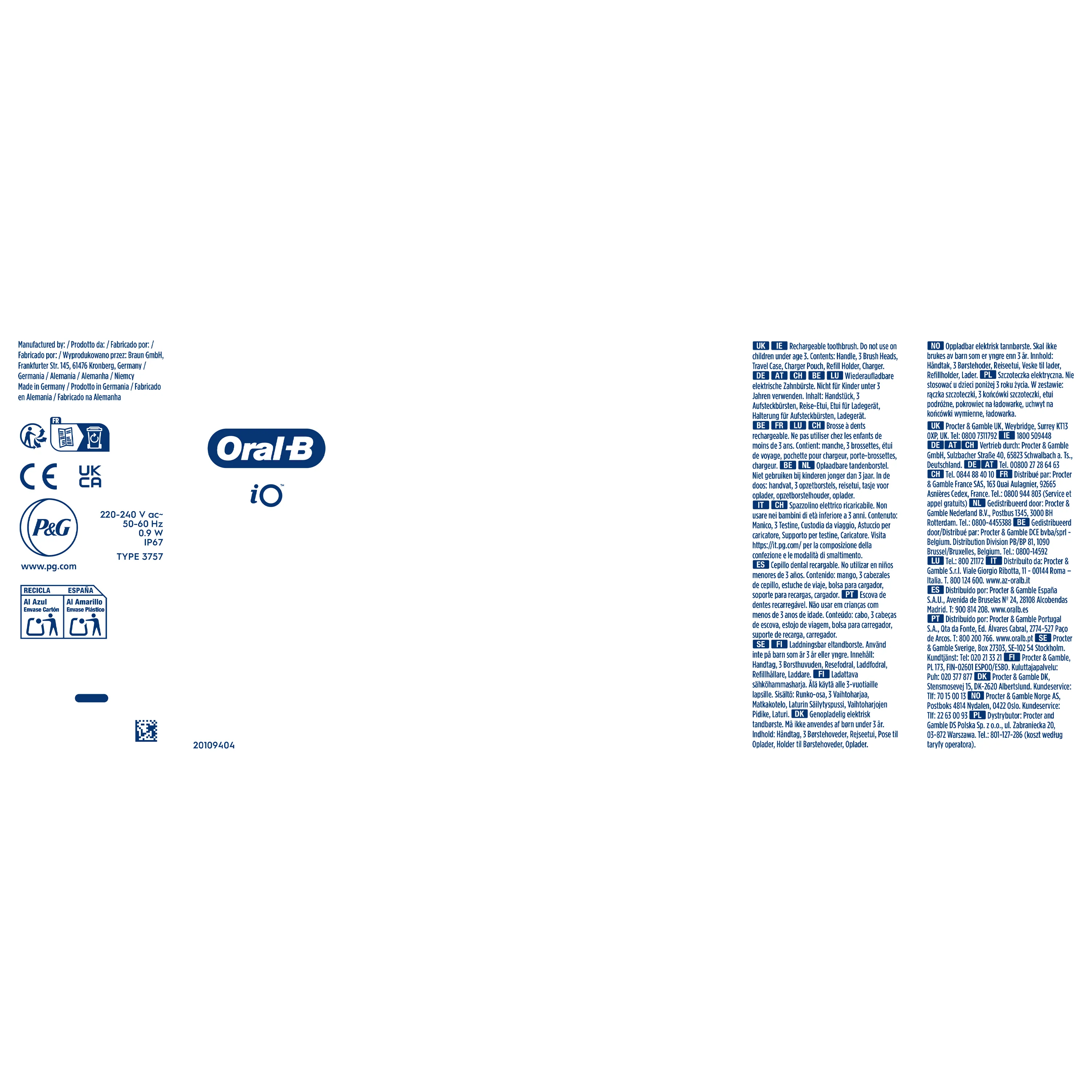 Oral-B iO, emballage indiquant le contenu : manche, 3 brossettes, étui de voyage, pochette pour chargeur, porte-brossettes et chargeur.