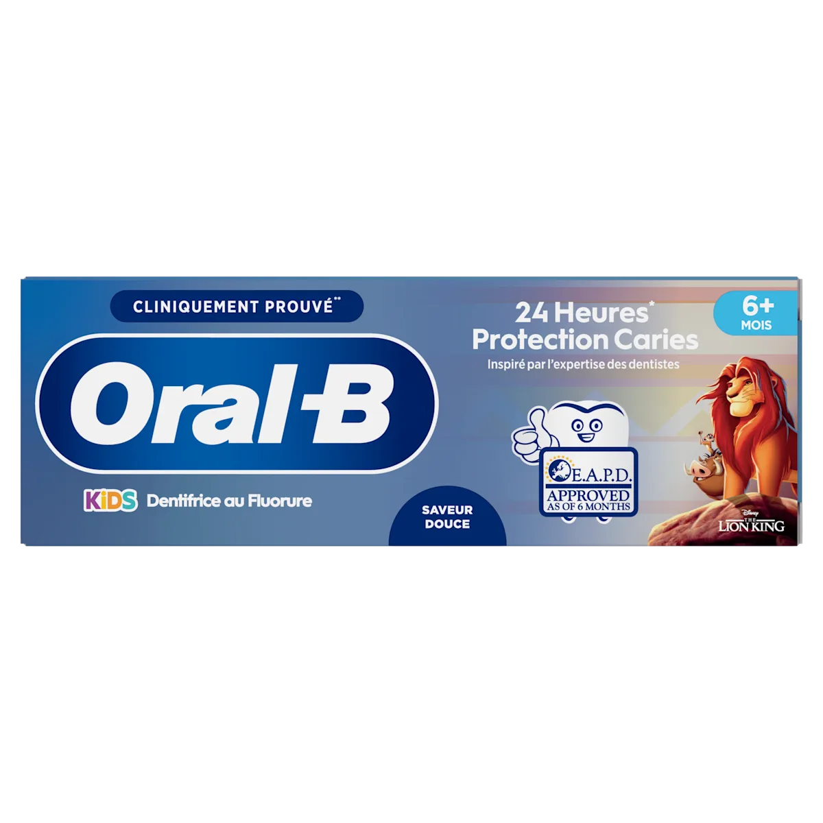 Oral-B KIDS dentifrice au fluorure, emballage avec l'approbation de l'E.A.P.D. et protection caries 24 heures.