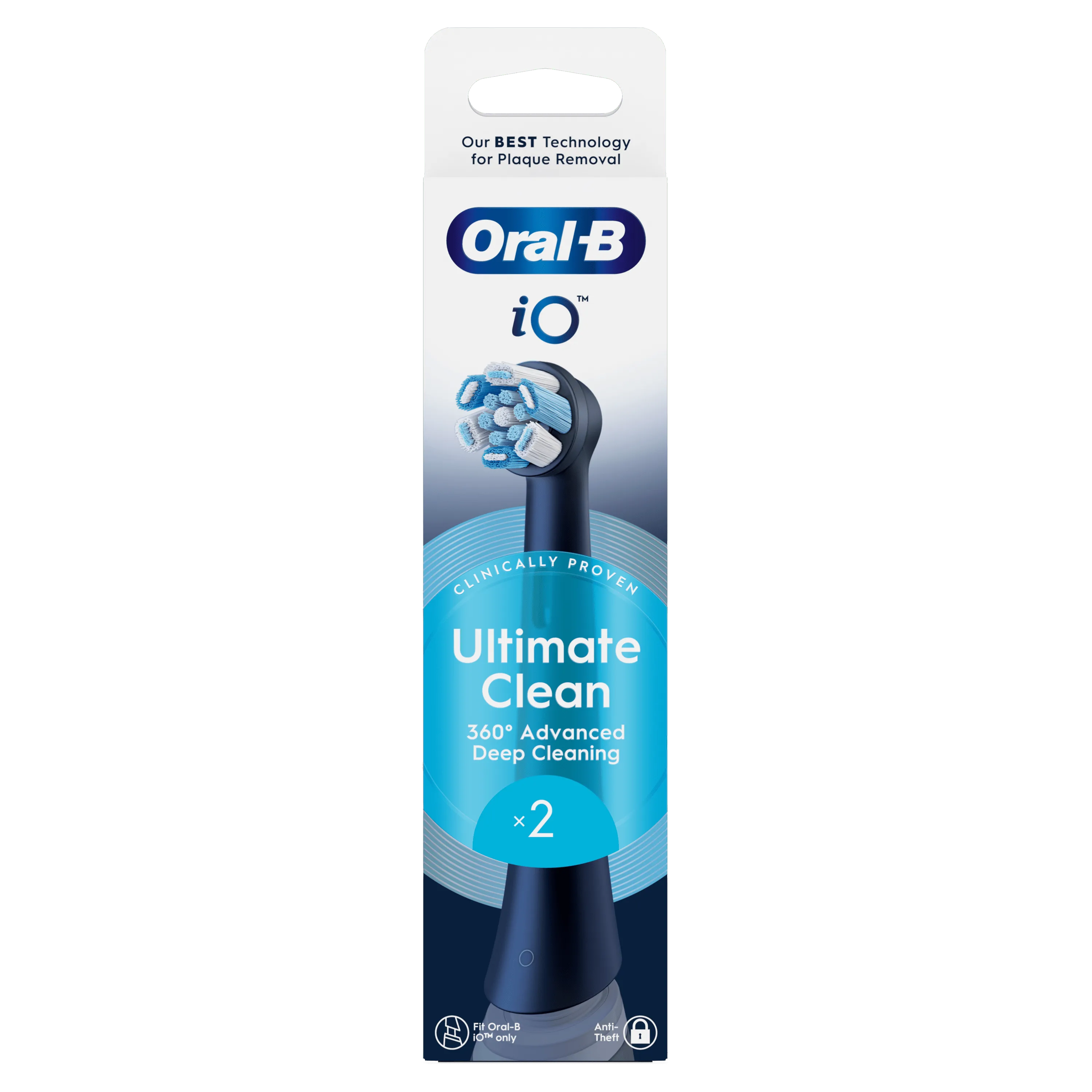 Brossettes Oral-B iO Ultimate Clean, lot de 2, avec la mention "Cliniquement prouvé" et "Nettoyage en profondeur 360° avancé".