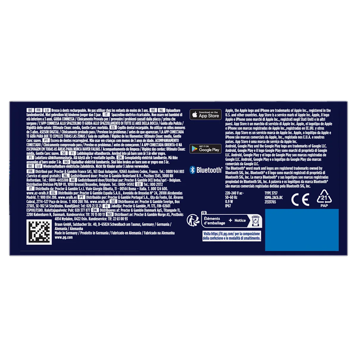 Informations produit, Bluetooth, applications mobiles et mentions légales de la brosse à dents Oral-B iO6.