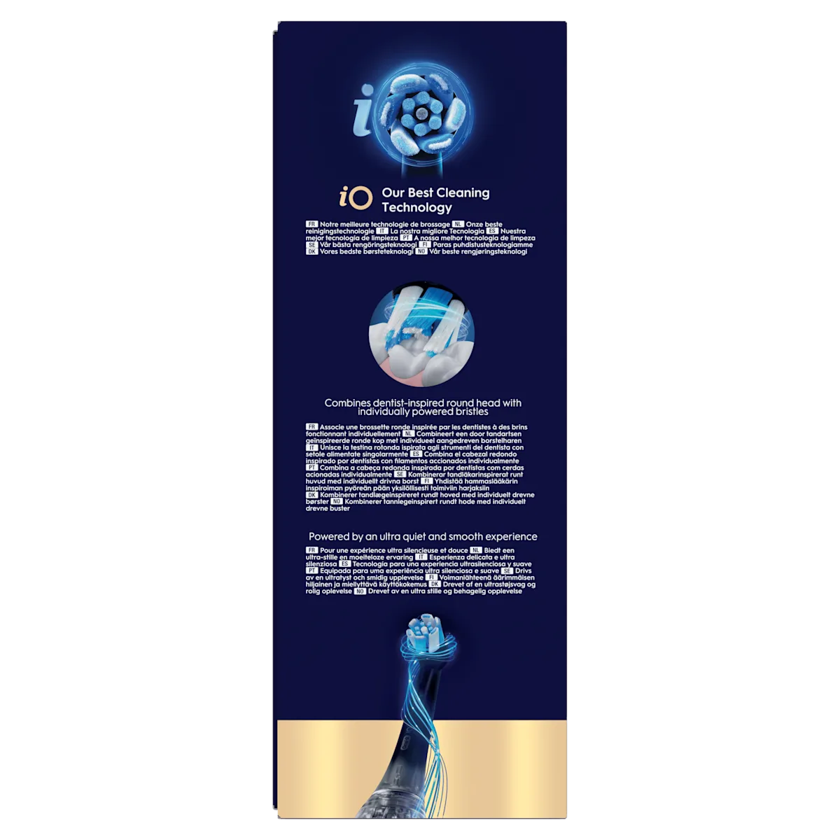 Oral-B iO, présentant la « Meilleure technologie de brossage » et une tête ronde inspirée par les dentistes avec des poils motorisés.