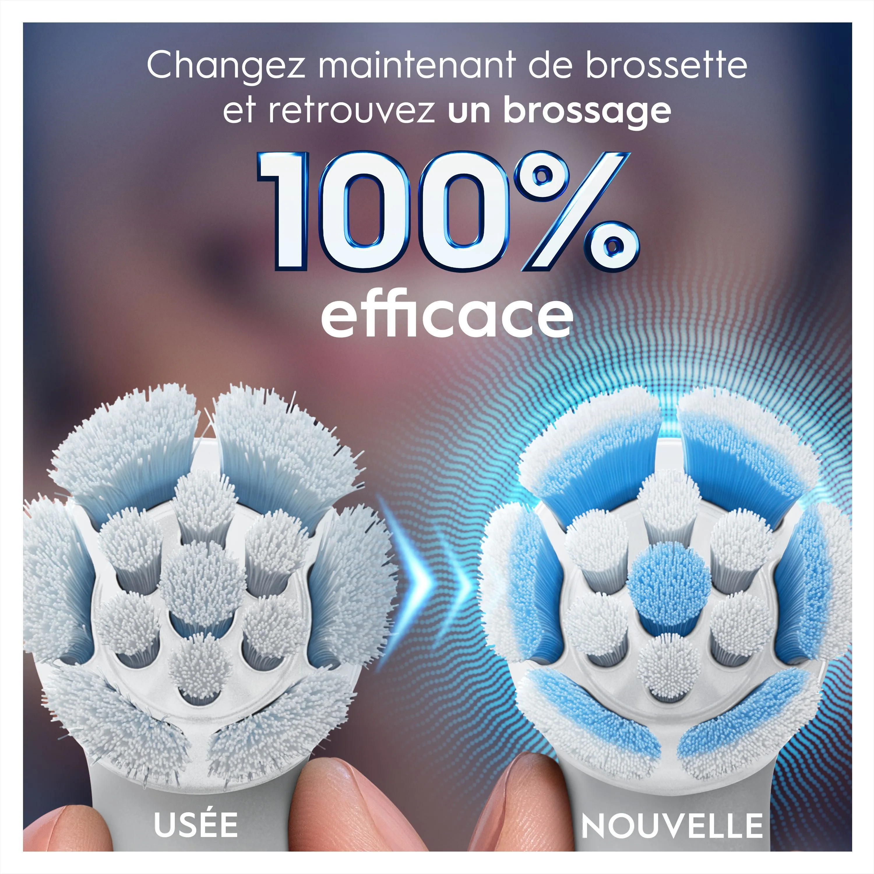 Brosse à dents Oral-B : Comparaison visuelle d'une brossette usée et d'une brossette neuve pour un brossage 100% efficace.