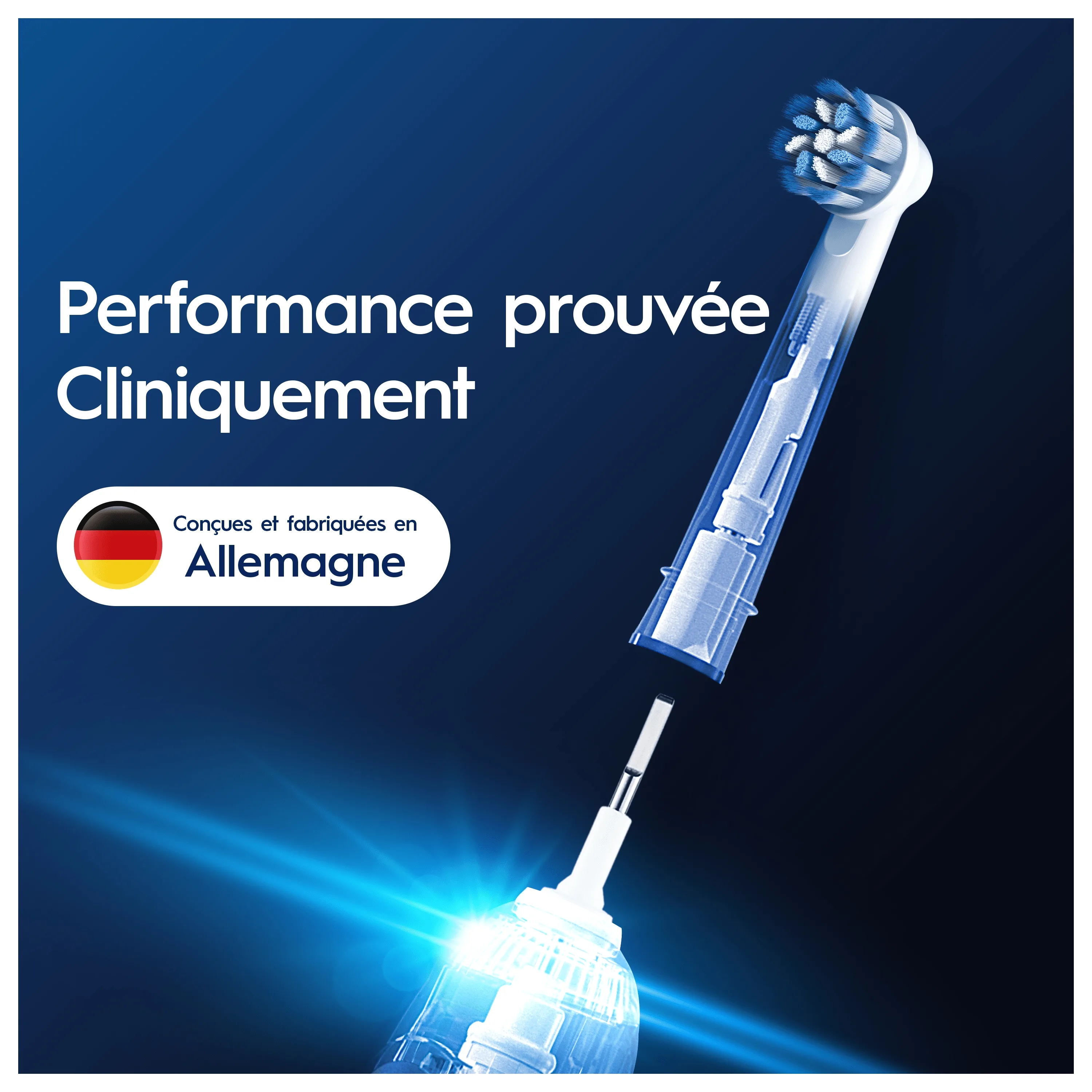 Brosse à dents Oral-B démontrant une performance cliniquement prouvée et conçue et fabriquée en Allemagne.