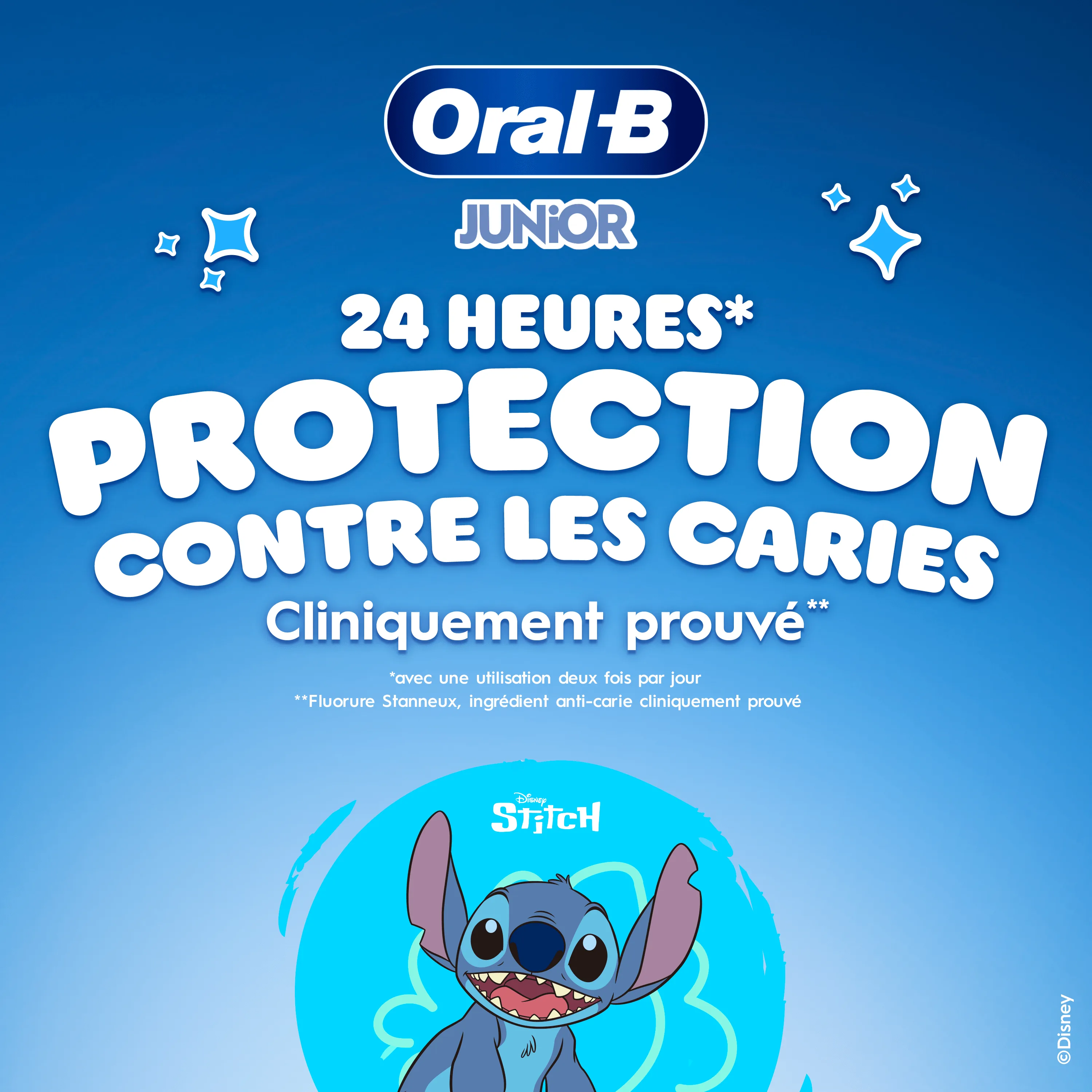Dentifrice Oral-B Junior Stitch. « Protection caries 24 heures. Cliniquement prouvé. »