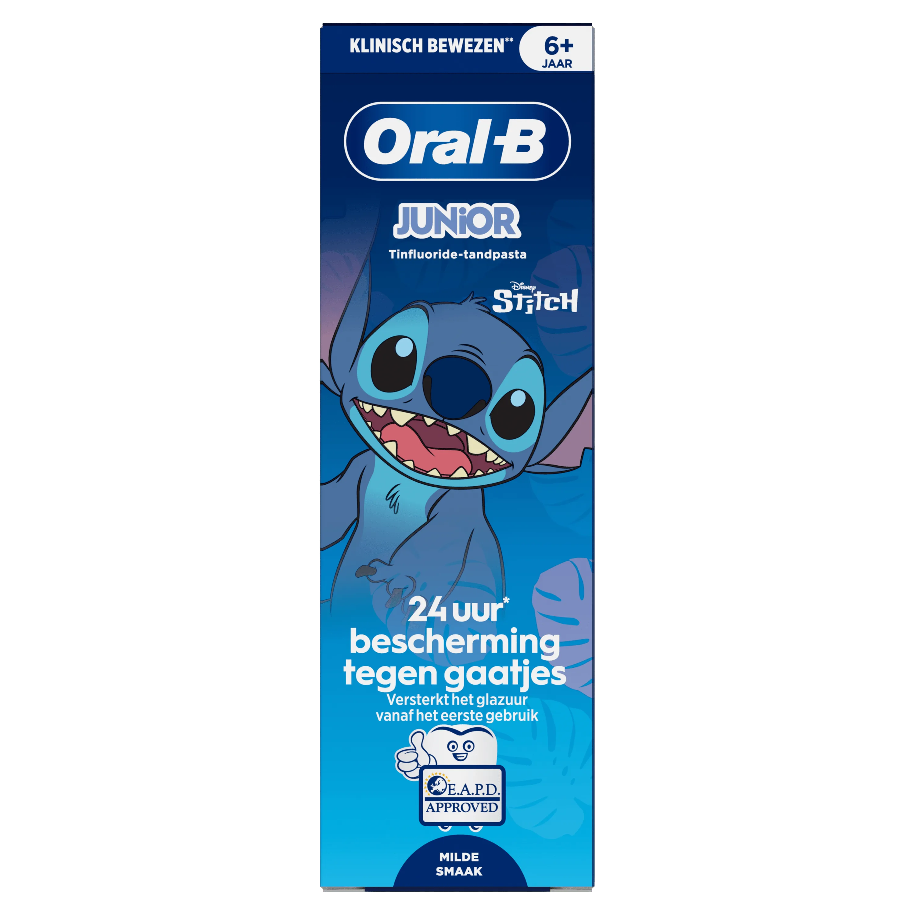 Oral-B Junior dentifrice au fluorure d'étain, avec Stitch de Disney, offrant 24 heures de protection contre les caries.