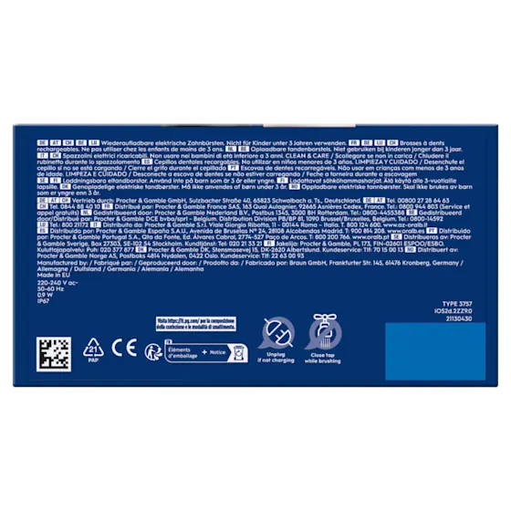 Oral-B, emballage indiquant de débrancher si non en charge et de fermer le robinet pendant le brossage.