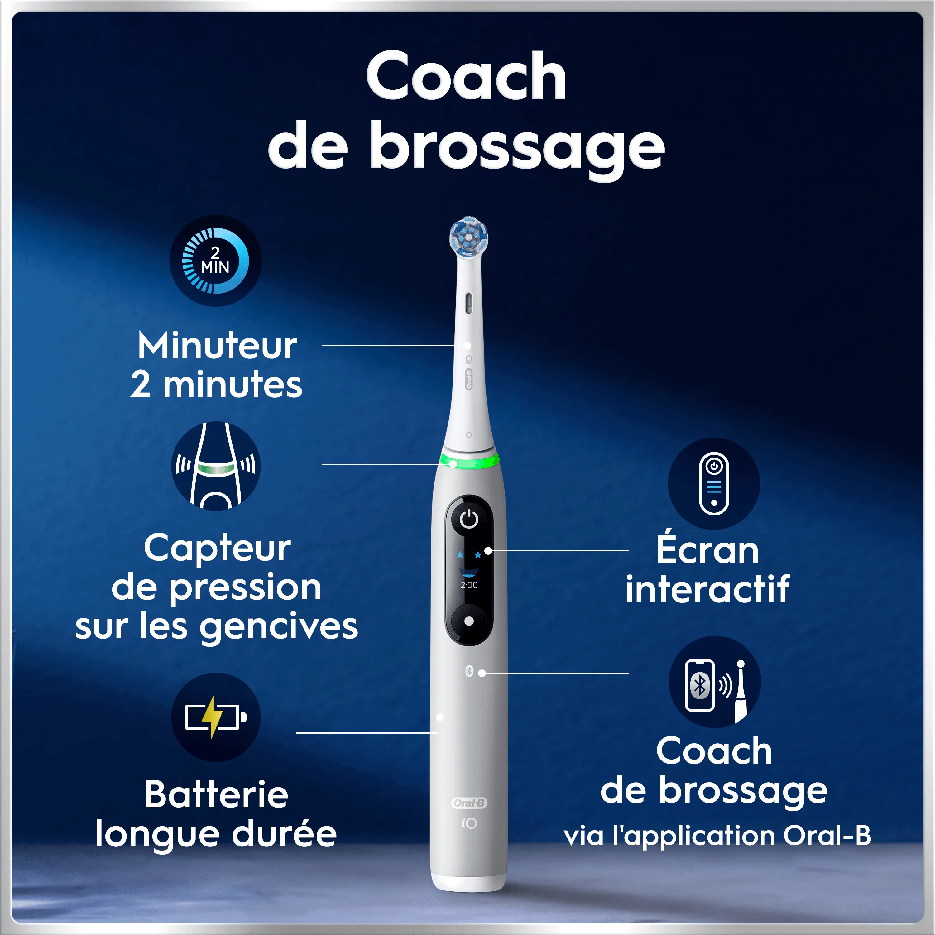 Brosse à dents Oral-B iO, soulignant le coach de brossage et l écran interactif.