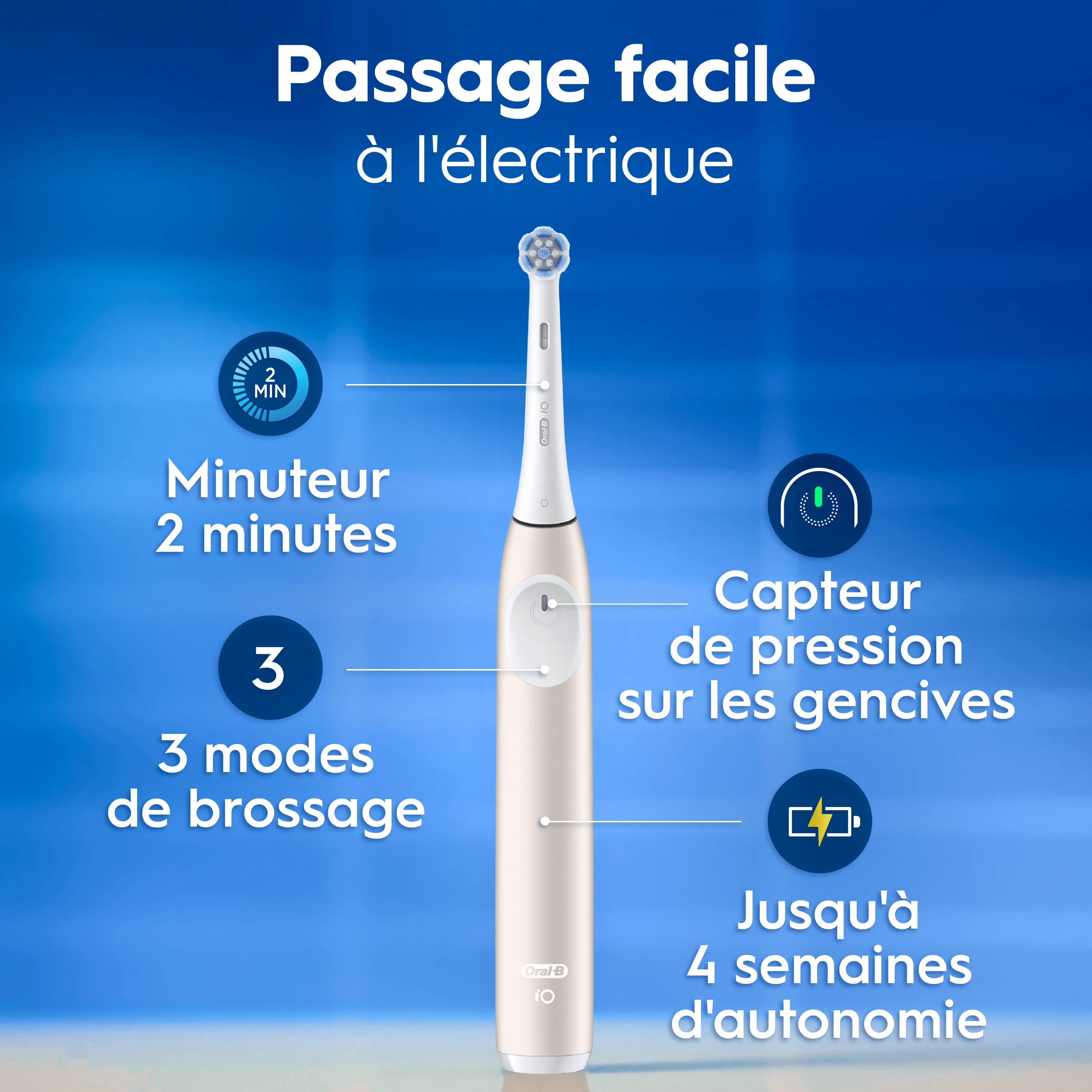 Brosse à dents électrique avec minuteur, 3 modes de brossage, capteur de pression et 4 semaines d'autonomie pour une transition facile.