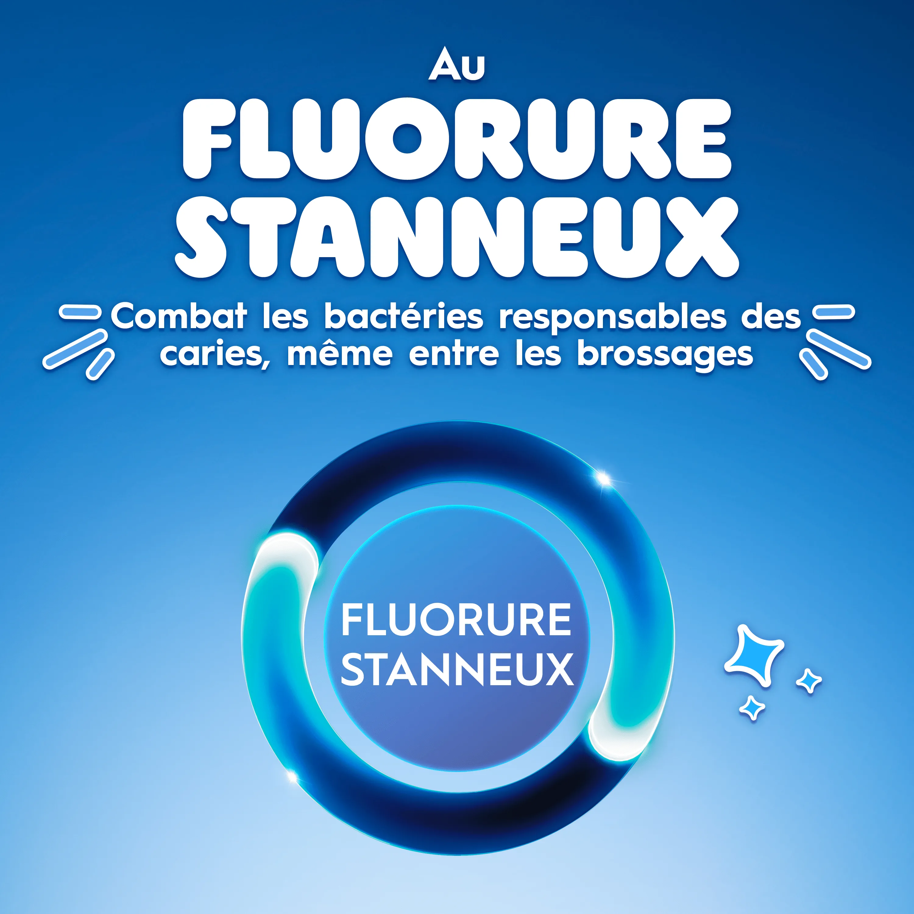 Dentifrice Oral-B. « Fluorure Stanneux. Combat les bactéries. » Plan sur brosse à dents.