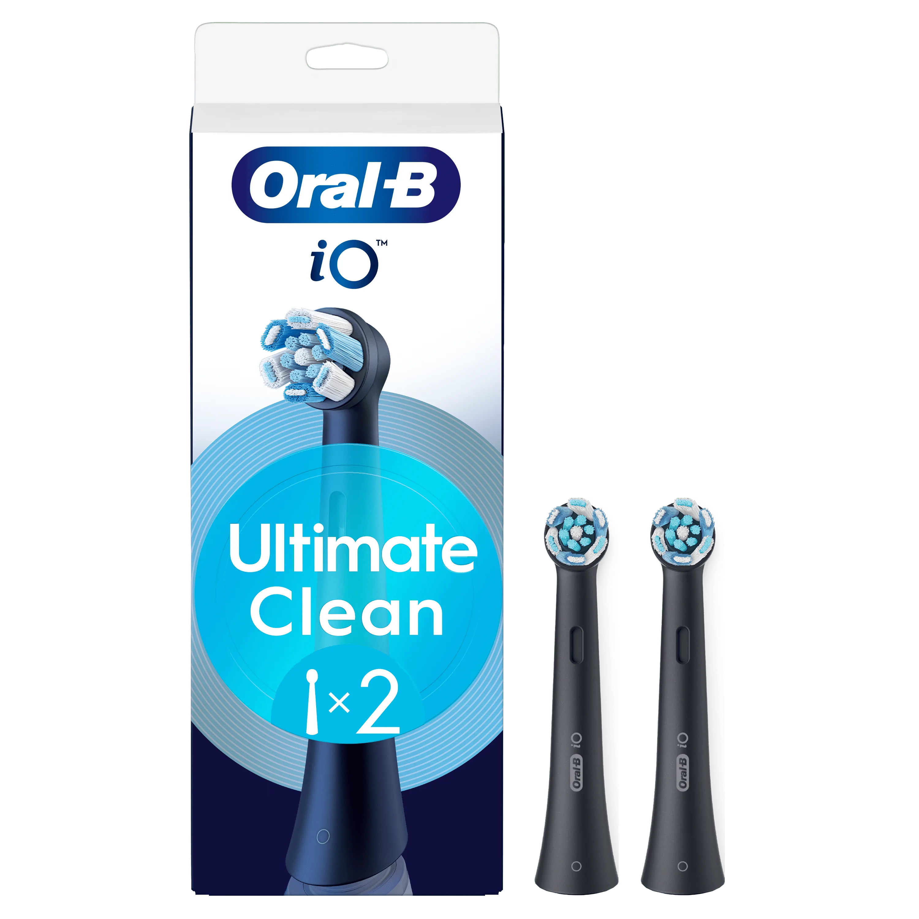 Têtes de brosse Oral-B iO Ultimate Clean, emballage indiquant "1 x 2" pour deux brossettes incluses.