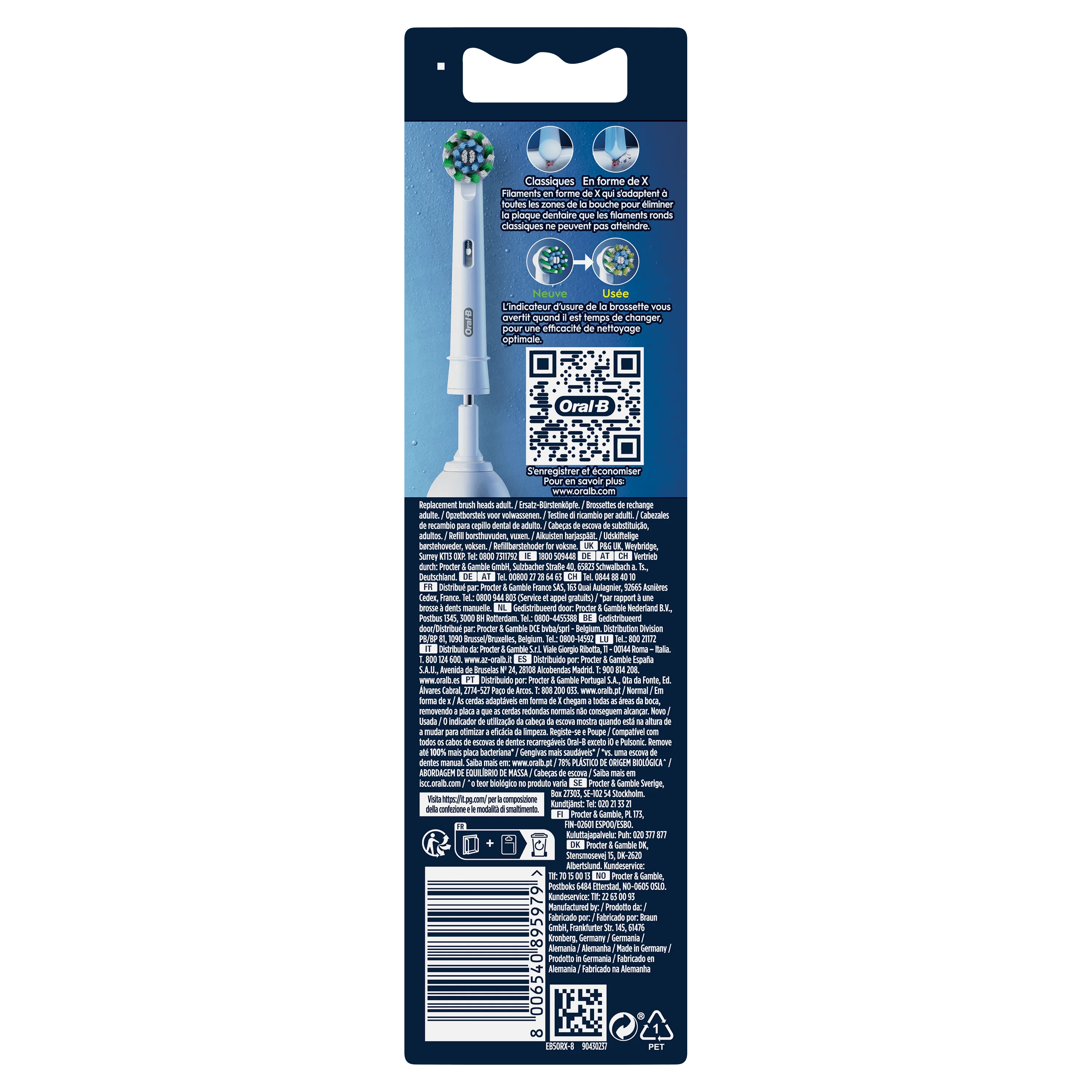 Oral-B, emballage de brossettes avec la mention "Classiques en forme de X" pour éliminer la plaque dentaire.