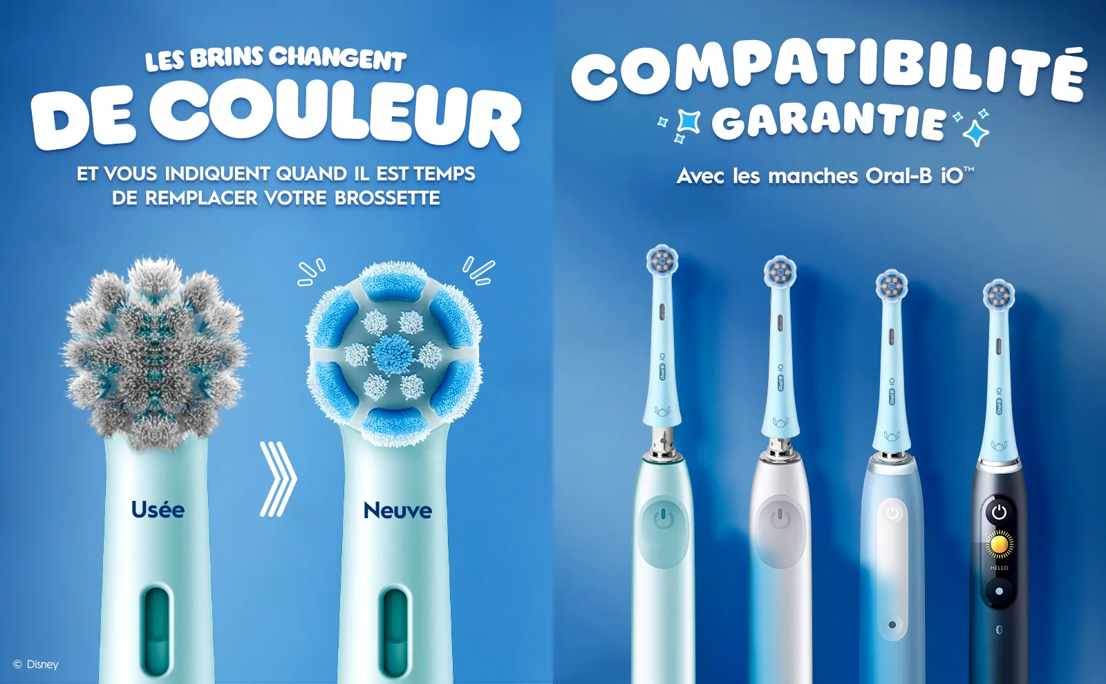 Visuel de deux images, l'une à gauche montrant l’avant / après, pour les nouvelles brossettes. Sur la droite, 4 brossettes sur le dessus des manches