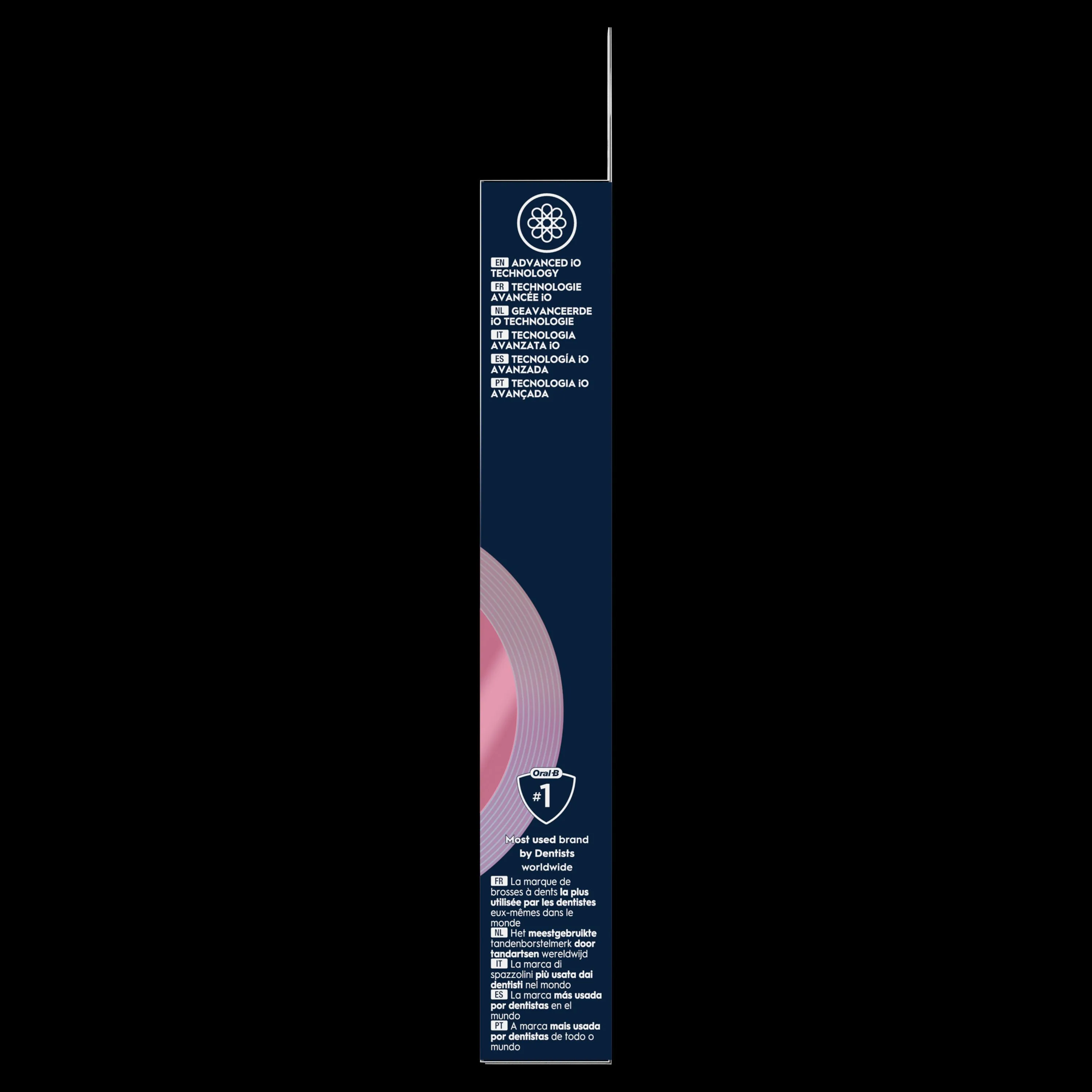 Oral-B iO, emballage affichant la mention « la marque la plus utilisée par les dentistes dans le monde ».
