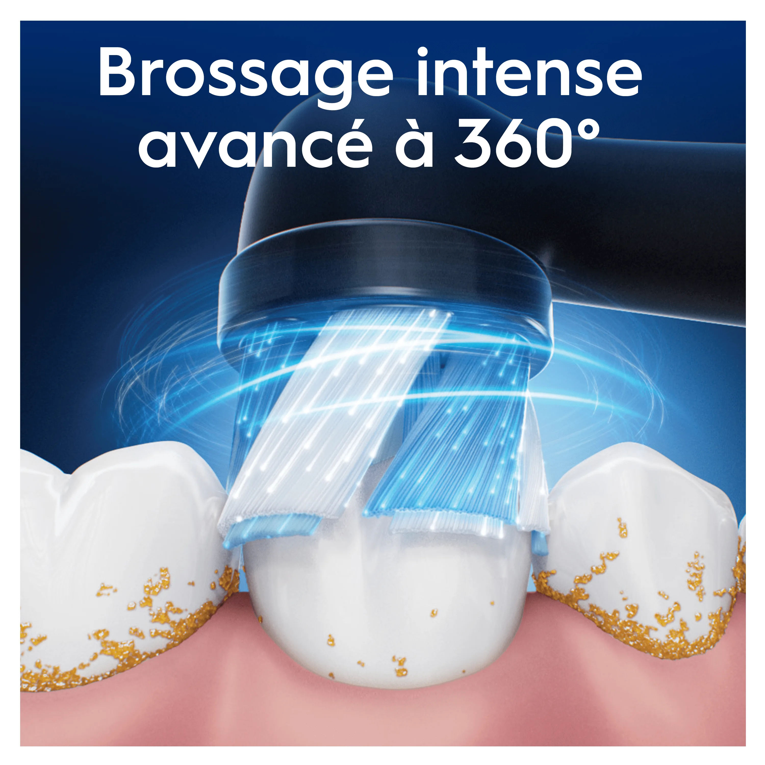 Brossage intense à 360° avec la brosse à dents Oral-B, illustrant un nettoyage en profondeur des dents.