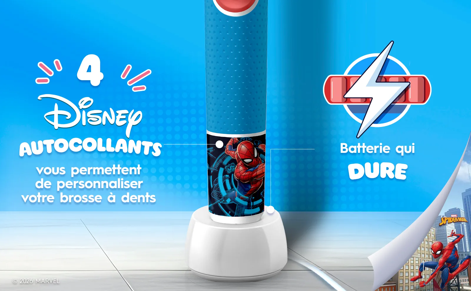 4 autocollants Disney avec la brosse à dents, batterie qui dure, avec Spiderman. 