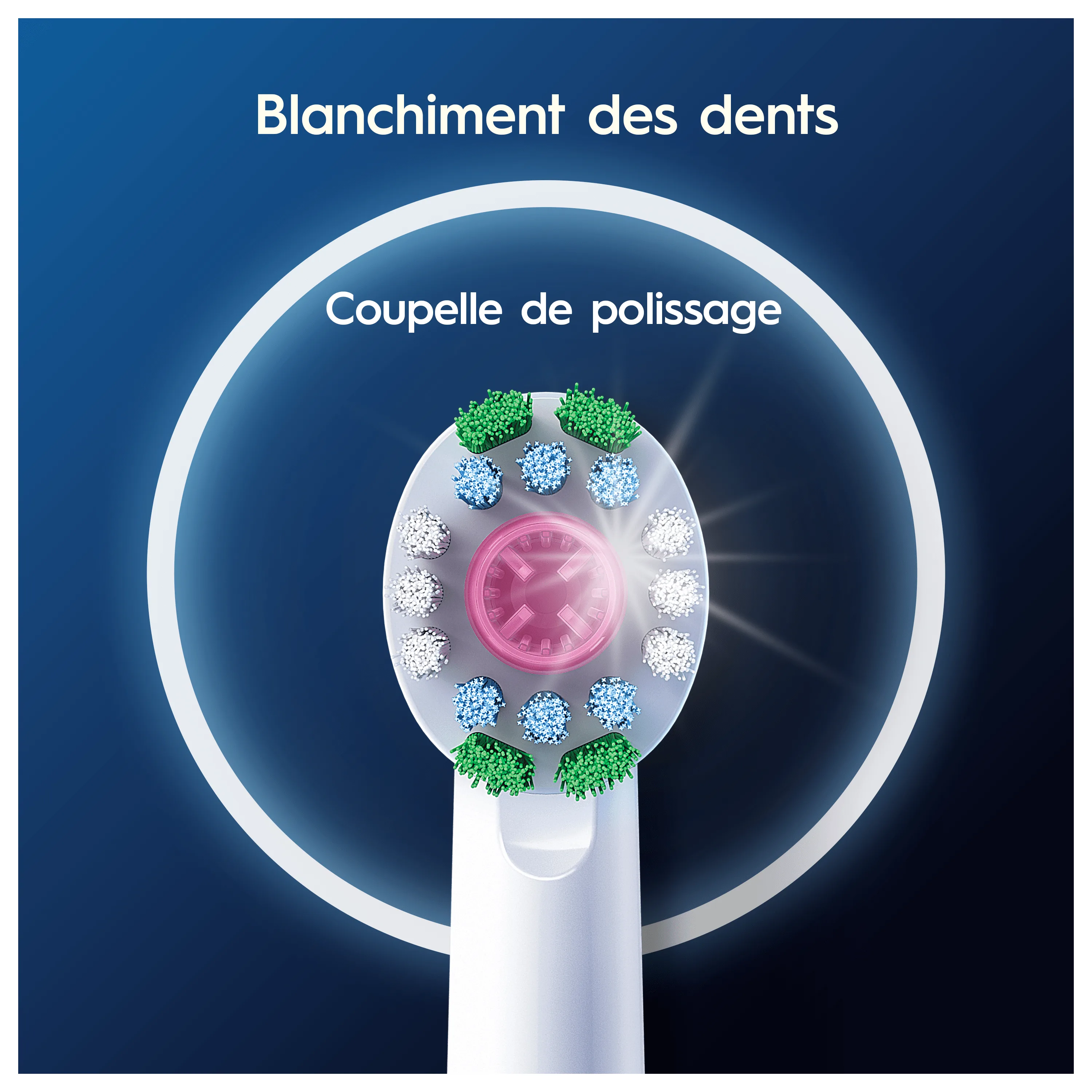 La brossette Oral-B illustre le blanchiment des dents grâce à sa coupelle de polissage centrale.