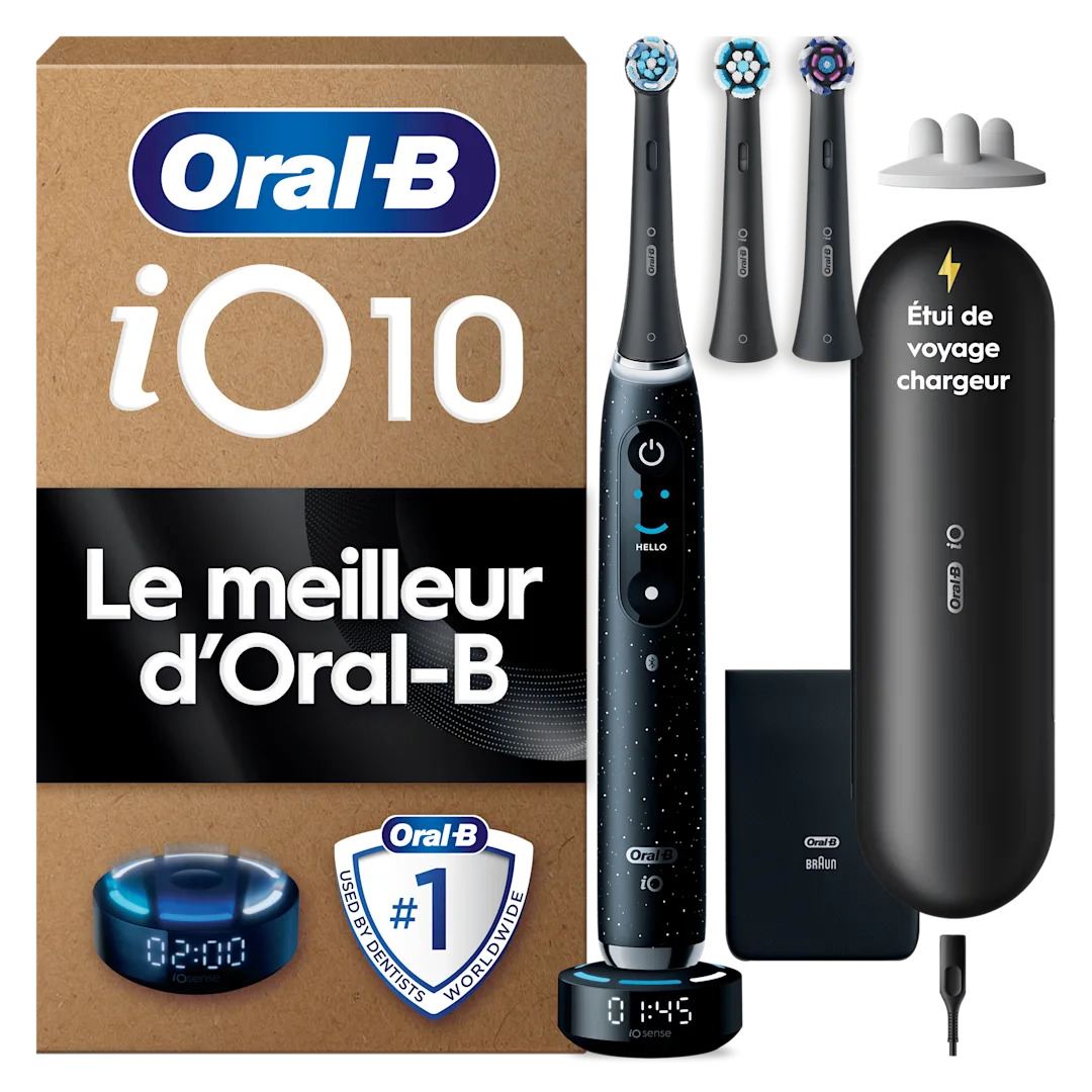 Oral-B iO10 Brosse à dents électrique Noir cosmique, 3 brossettes, Étui de voyage chargeur