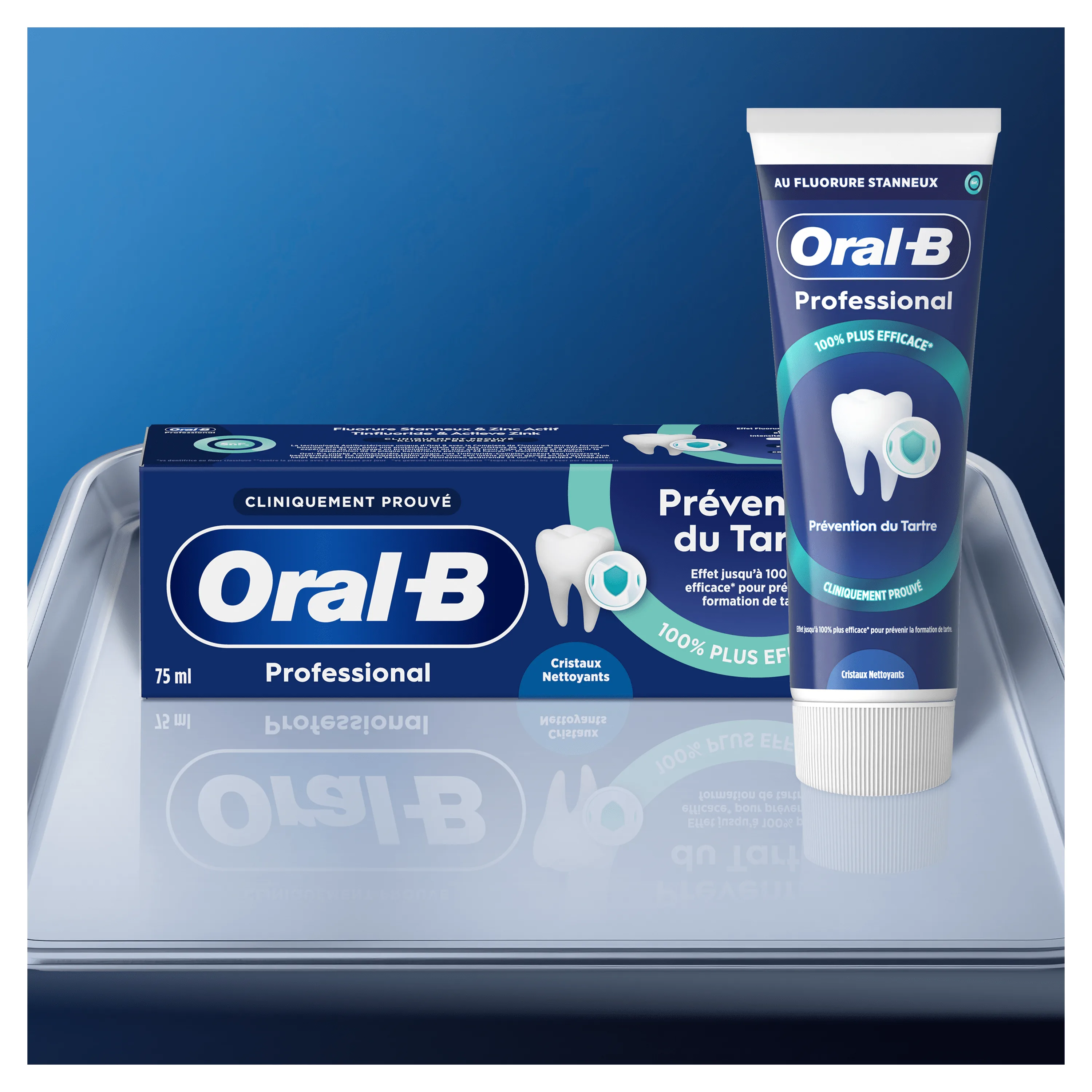 Dentifrice Oral-B Professional, cliniquement prouvé pour prévenir le tartre et offrant un nettoyage avec des cristaux nettoyants.