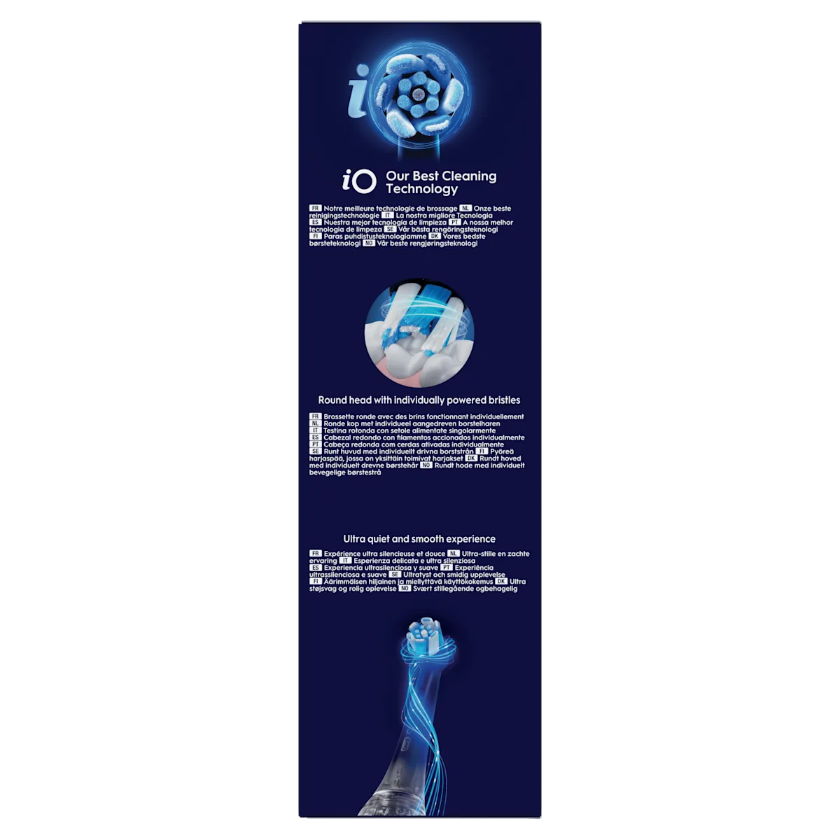 Oral-B iO emballage mettant en avant la Notre meilleure technologie de brossage et une brossette à tête ronde avec des brins fonctionnant individuellement.