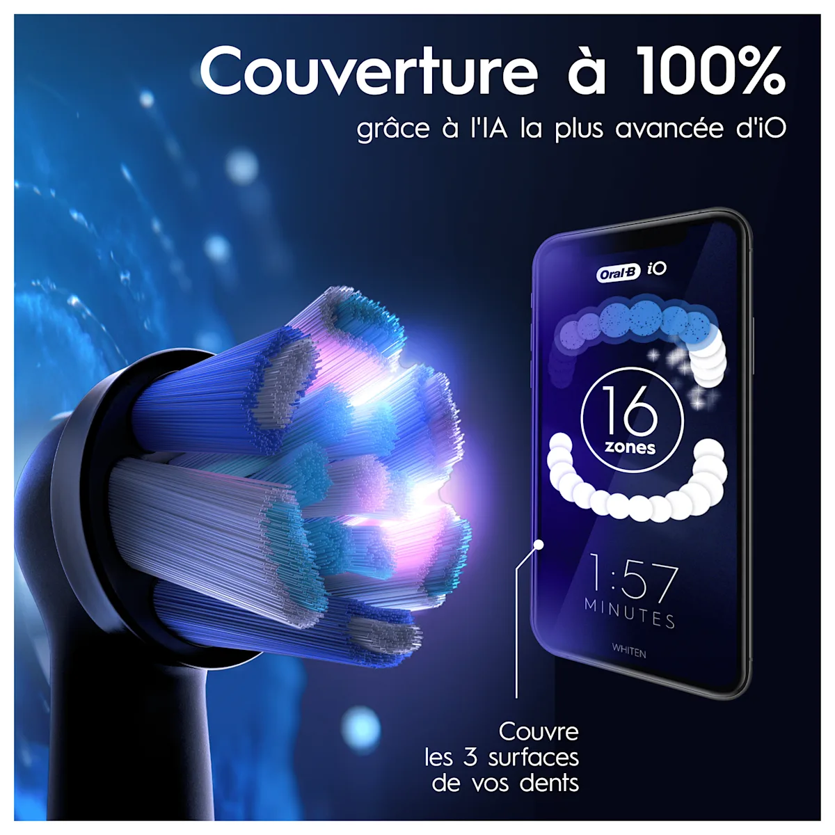 La brosse à dents Oral-B iO assure une couverture à 100% grâce à l'IA, affichée sur l'application mobile avec 16 zones de suivi.