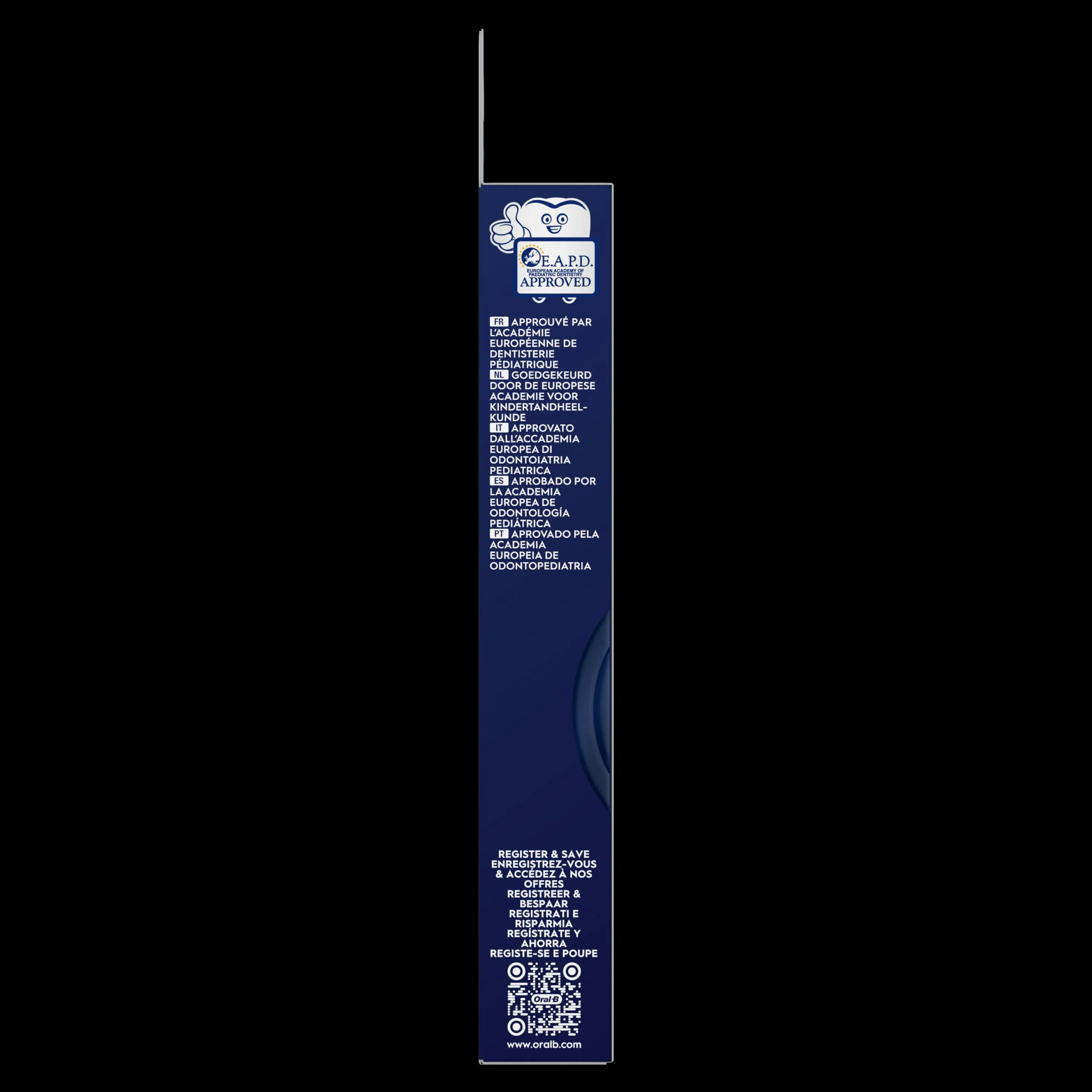 Emballage Oral-B avec le logo "E.A.P.D. Approved" et l'inscription "Approuvé par l'Académie Européenne de Dentisterie Pédiatrique" en plusieurs langues.