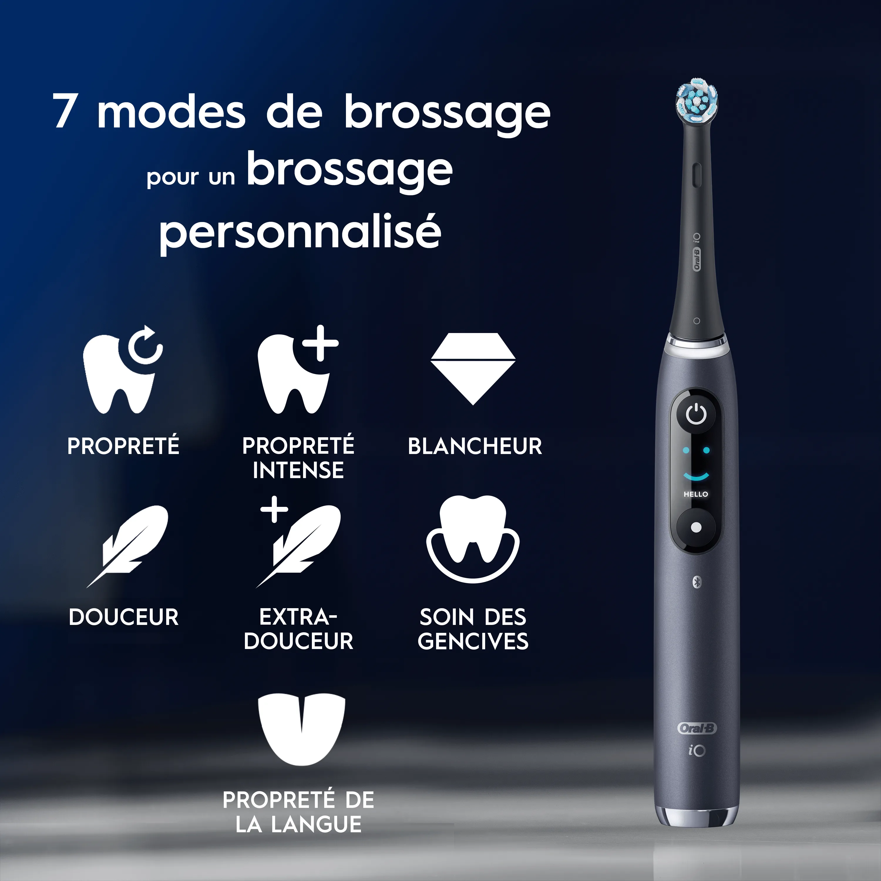 Brosse à dents électrique Oral-B iO avec 7 modes de brossage pour un brossage personnalisé.