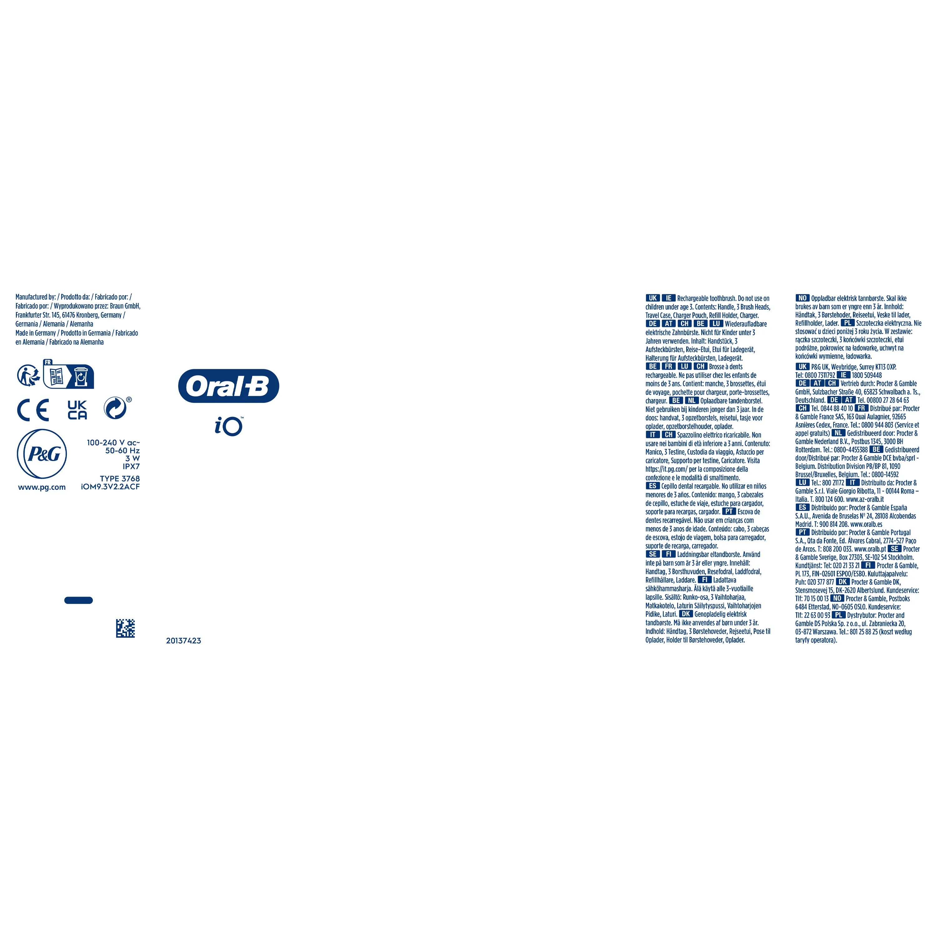 Oral-B iO, emballage indiquant le contenu : manche, 3 brossettes, étui de voyage, pochette pour chargeur, porte-brossettes et chargeur.