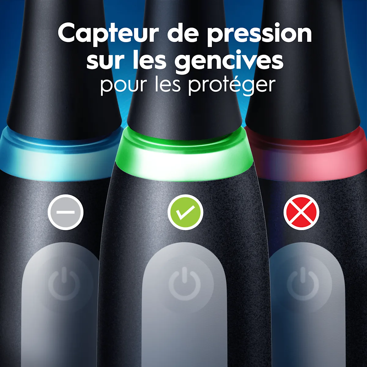 Trois brosses à dents électriques avec capteurs de pression colorés : bleu (faible), vert (optimal) et rouge (excessif) pour protéger les gencives.