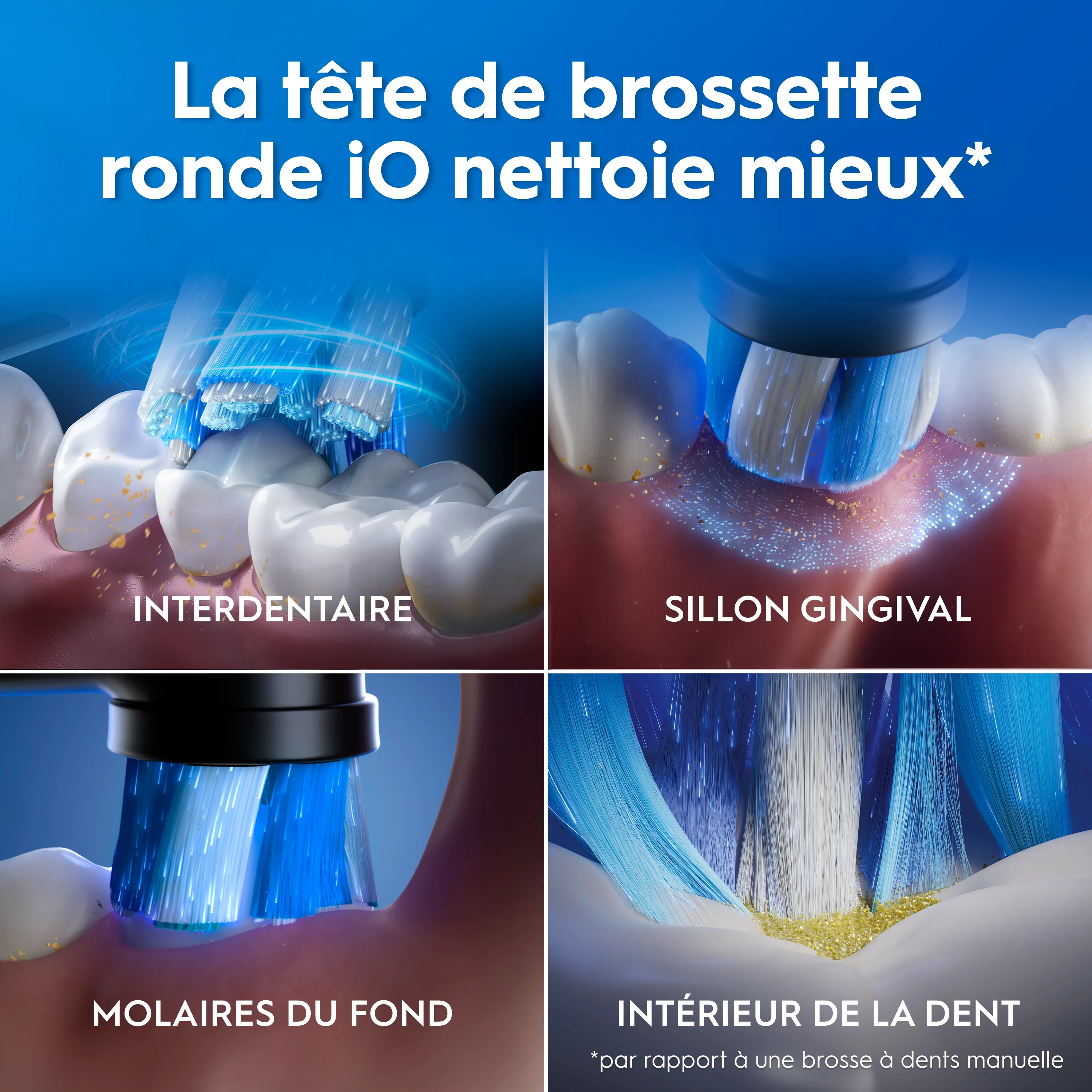 Oral-B iO: brosse les zones interdentaires, le sillon gingival et les molaires pour un meilleur nettoyage.