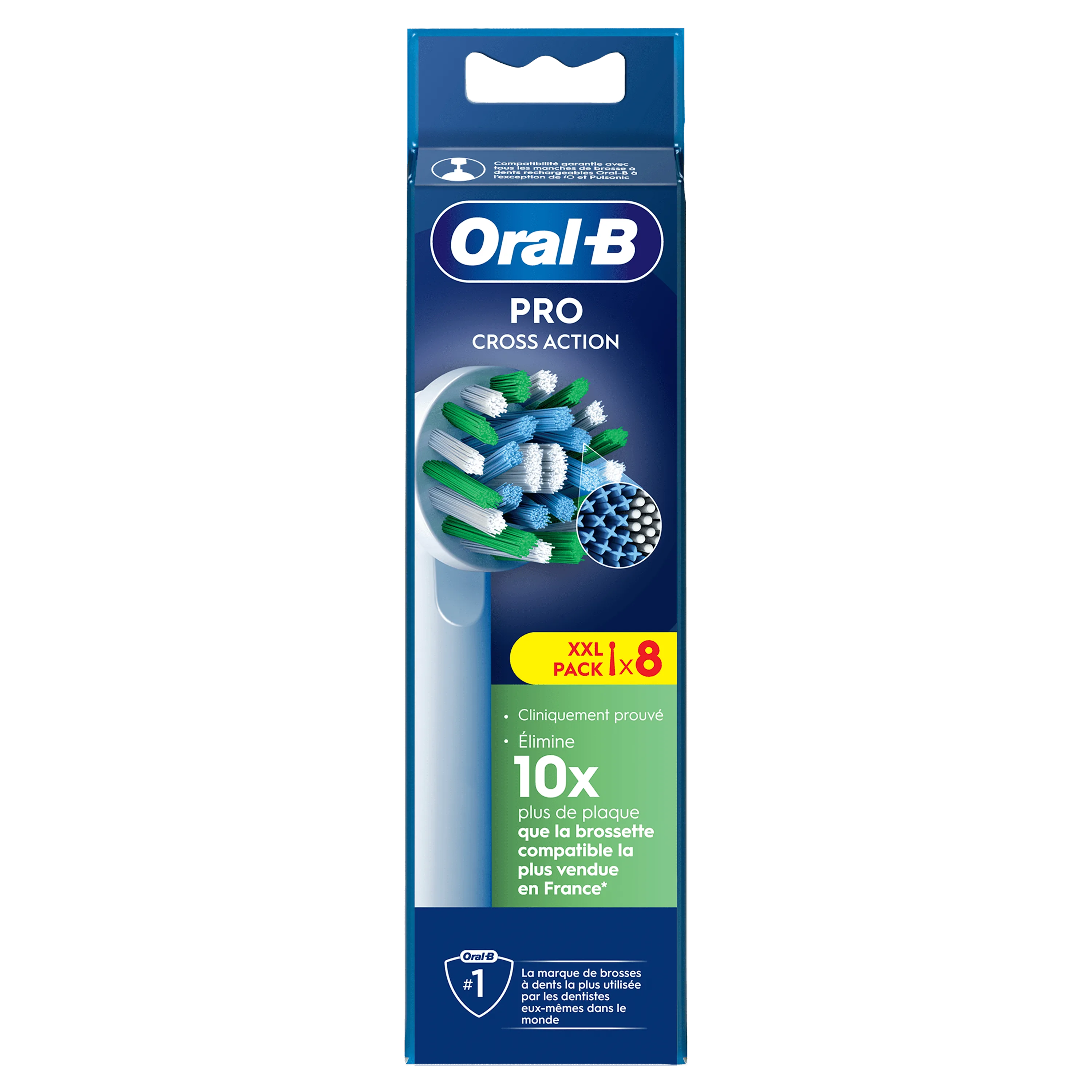 Oral-B Pro Cross Action, pack de 8 têtes de brosse à dents, élimine 10x plus de plaque que la brossette compatible la plus vendue en France.