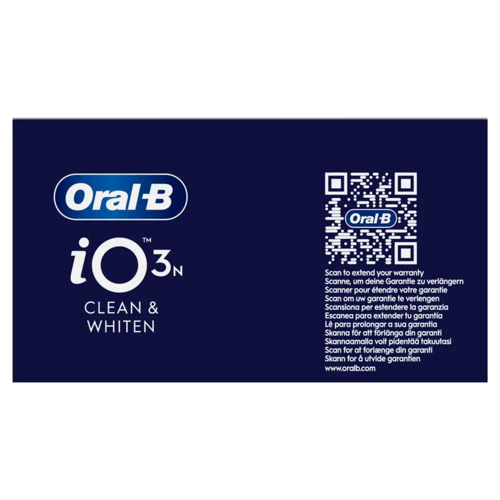 Oral-B iO3N, mettant en évidence les avantages de brossage et de blanchiment, avec un code QR pour étendre la garantie.