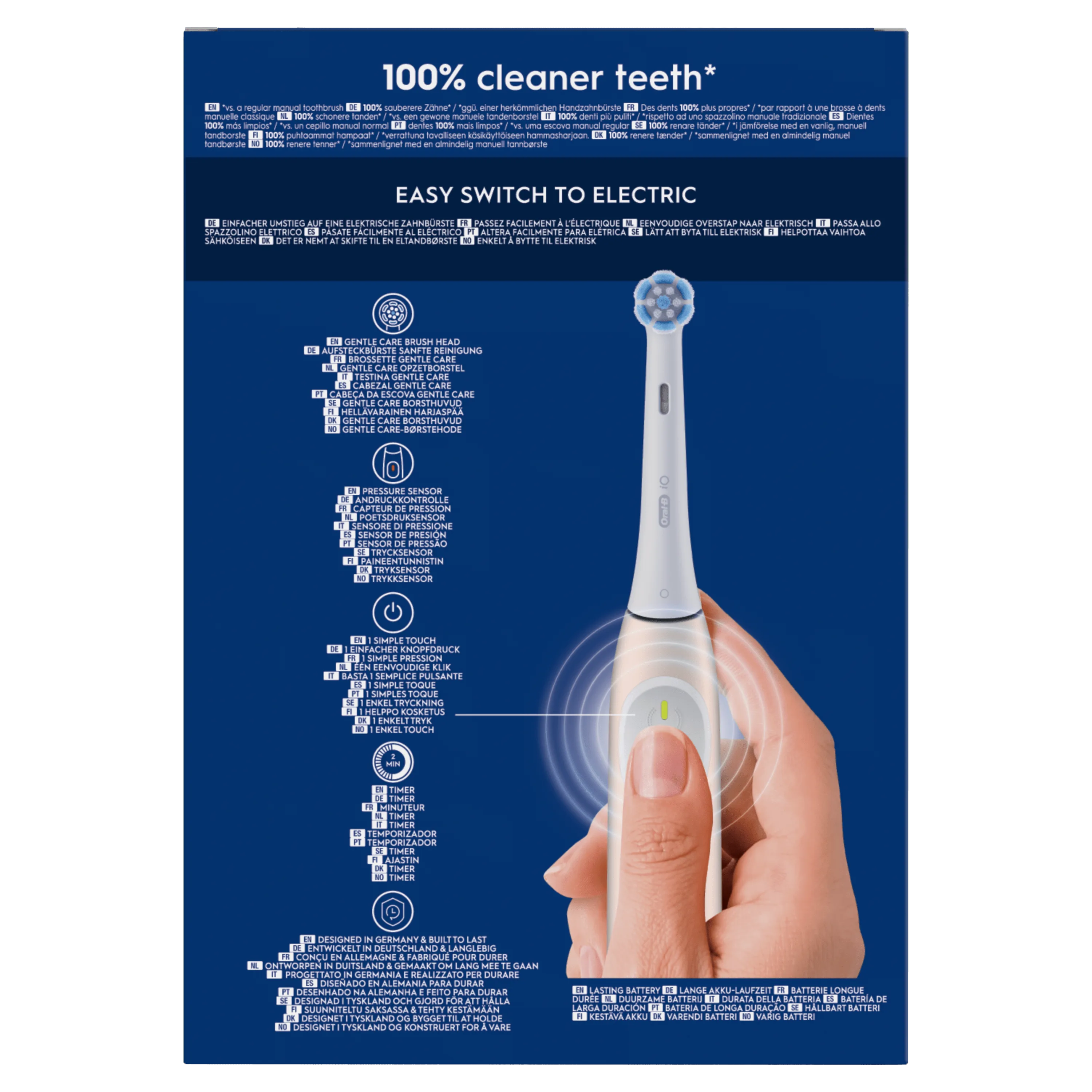 Oral-B iO, mettant en avant le claim "100% cleaner teeth" et une transition facile vers une brosse à dents électrique.