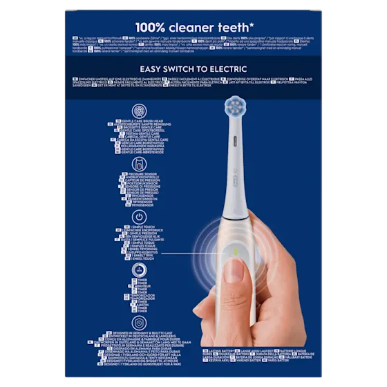 Oral-B iO, mettant en avant le claim "100% cleaner teeth" et une transition facile vers une brosse à dents électrique.