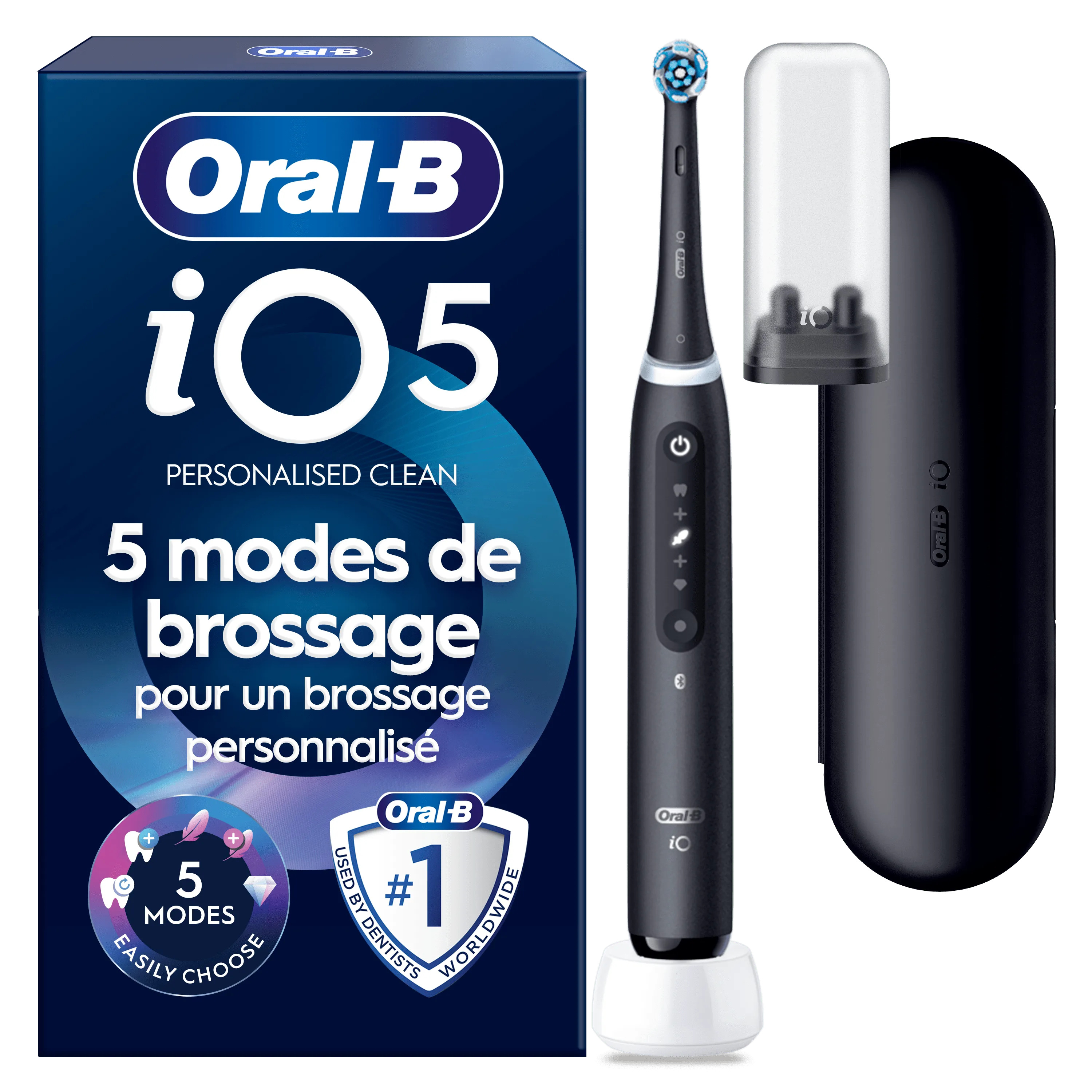 Brosse À Dents Électrique Oral-B iO5 Noire, 1 brossette, Étui De Voyage Premium, Porte-brossettes