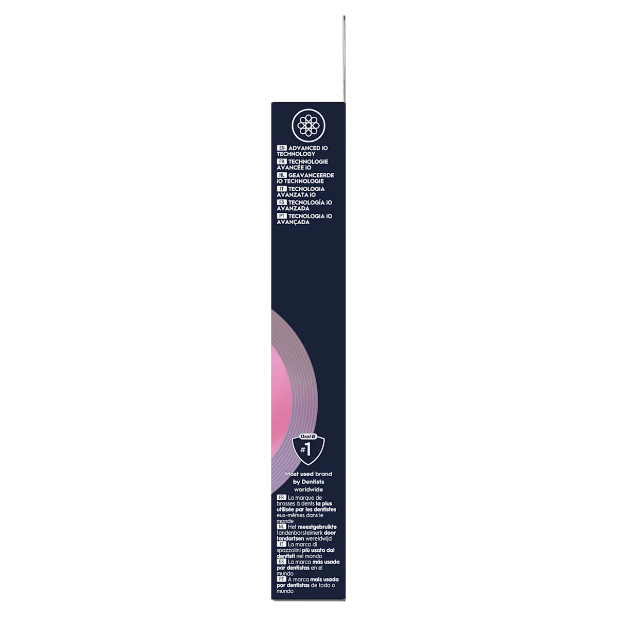 Oral-B, emballage indiquant la technologie IO avancée et la marque la plus utilisée par les dentistes dans le monde.